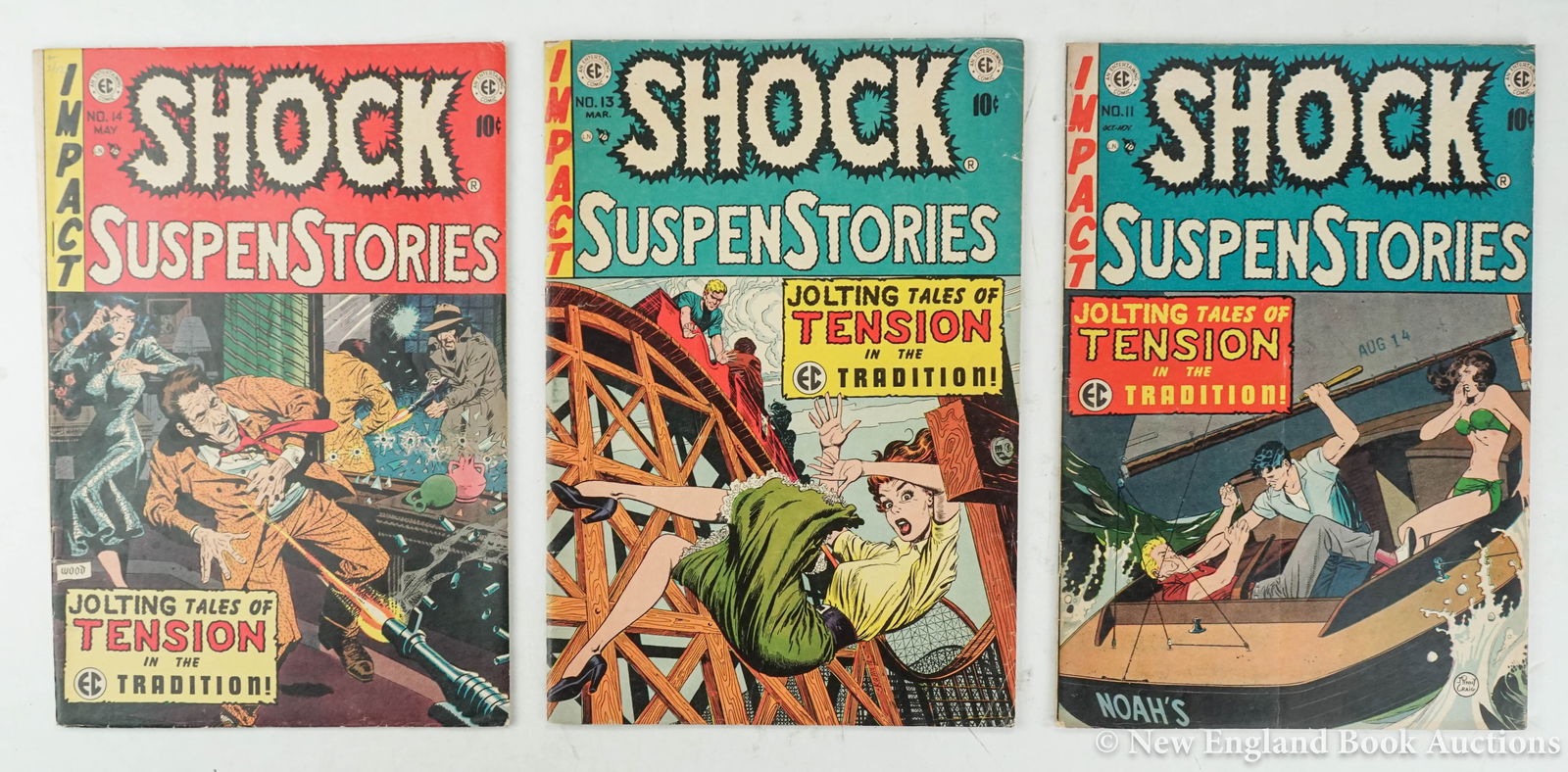 Comic Books: 98. Comic Books. Shock SuspensStories. Illustrated, including last with Wally Wood cover. Volume I, numbers 11 (date stamp on front cover), 13, & 14 (cover cut slightly off-center). 4to, pictorial wra