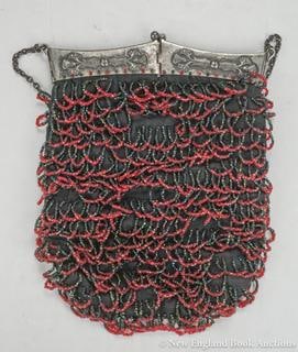 Purse: 131. Purse. Black & red beaded handbag with embossed clasp; moderate wear. Np, 20th-century