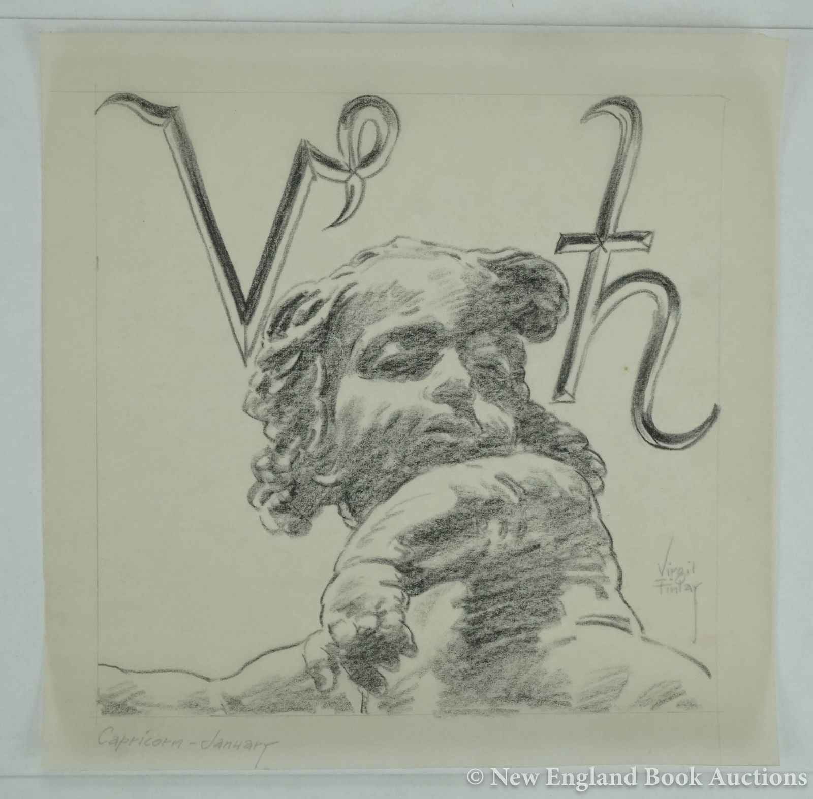 Finlay, Virgil: 175. Finlay, Virgil. Capricorn-January. Original pencil drawing on tissue paper. 6-3/4 x 6-7/8 inches. SIGNED BY FINLAY. Np, nd [75/100]