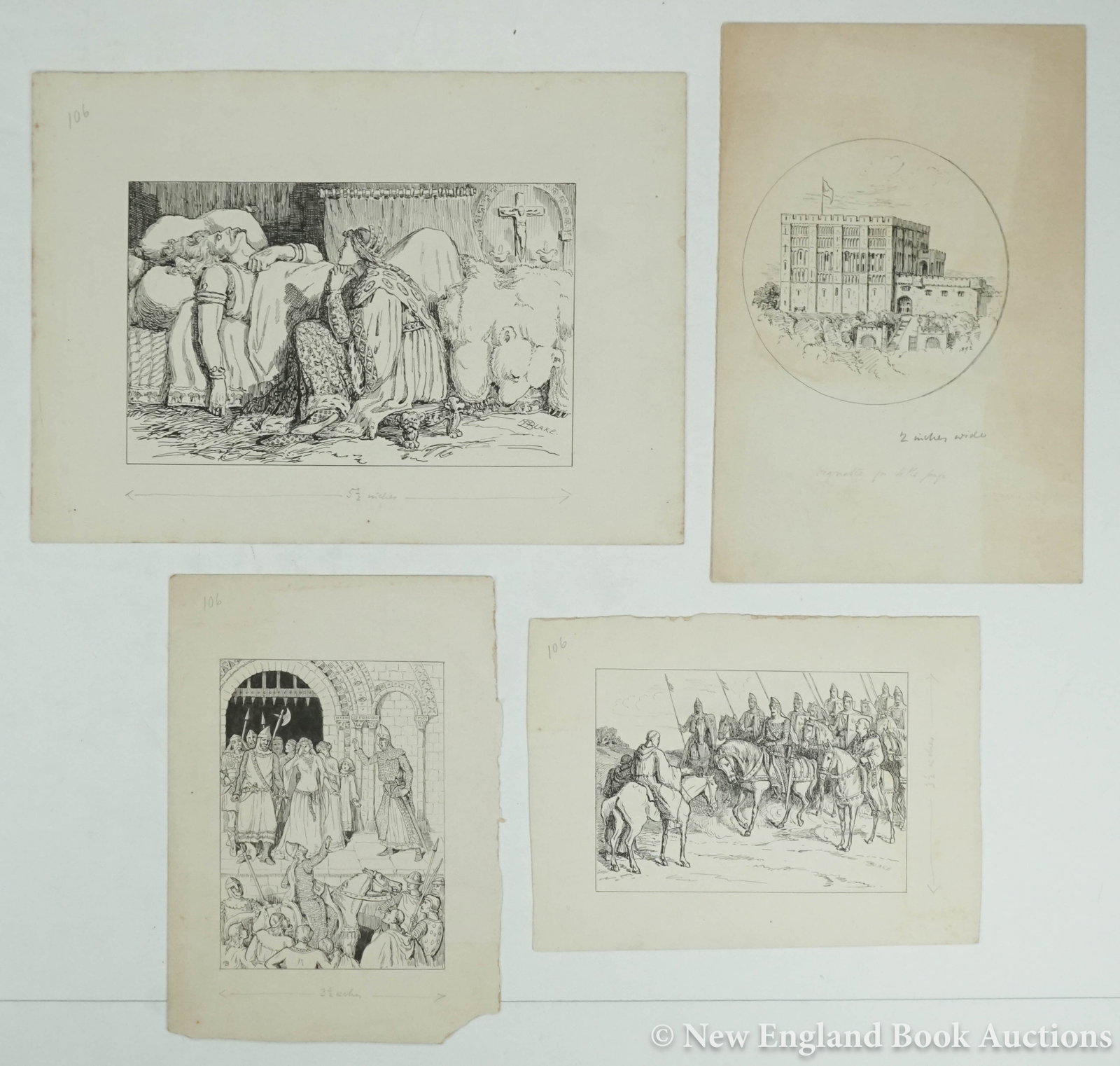 Illustration Art: 176. Illustration Art. Blake, Matilda Maria. "The Siege of Norwich Castle." Group of 6 original pen and ink illustrations for The Siege of Norwich Castle: A Story of the last Struggle Against the Conq