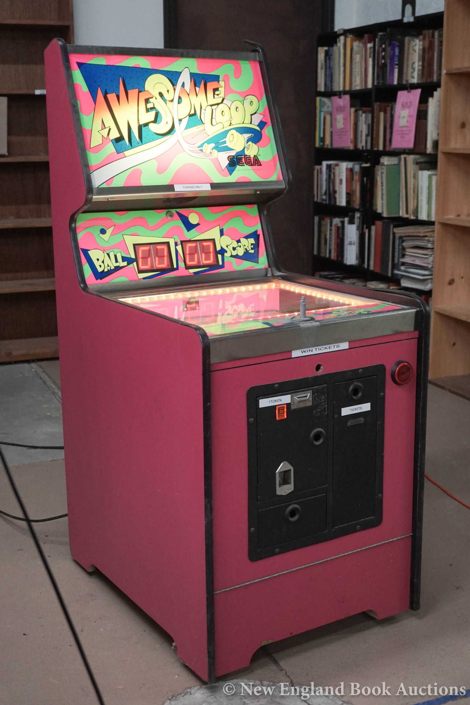 Arcade Game: 225. Arcade Game. Awesome Loop. Model SUR-002-01. Voltage 120. 60 Hz. 32 x 25 x 56 inches; lacking the control handle. SOLD-AS-IS. American: Sega, 20th-century [150/250] Item will not be shipped and m