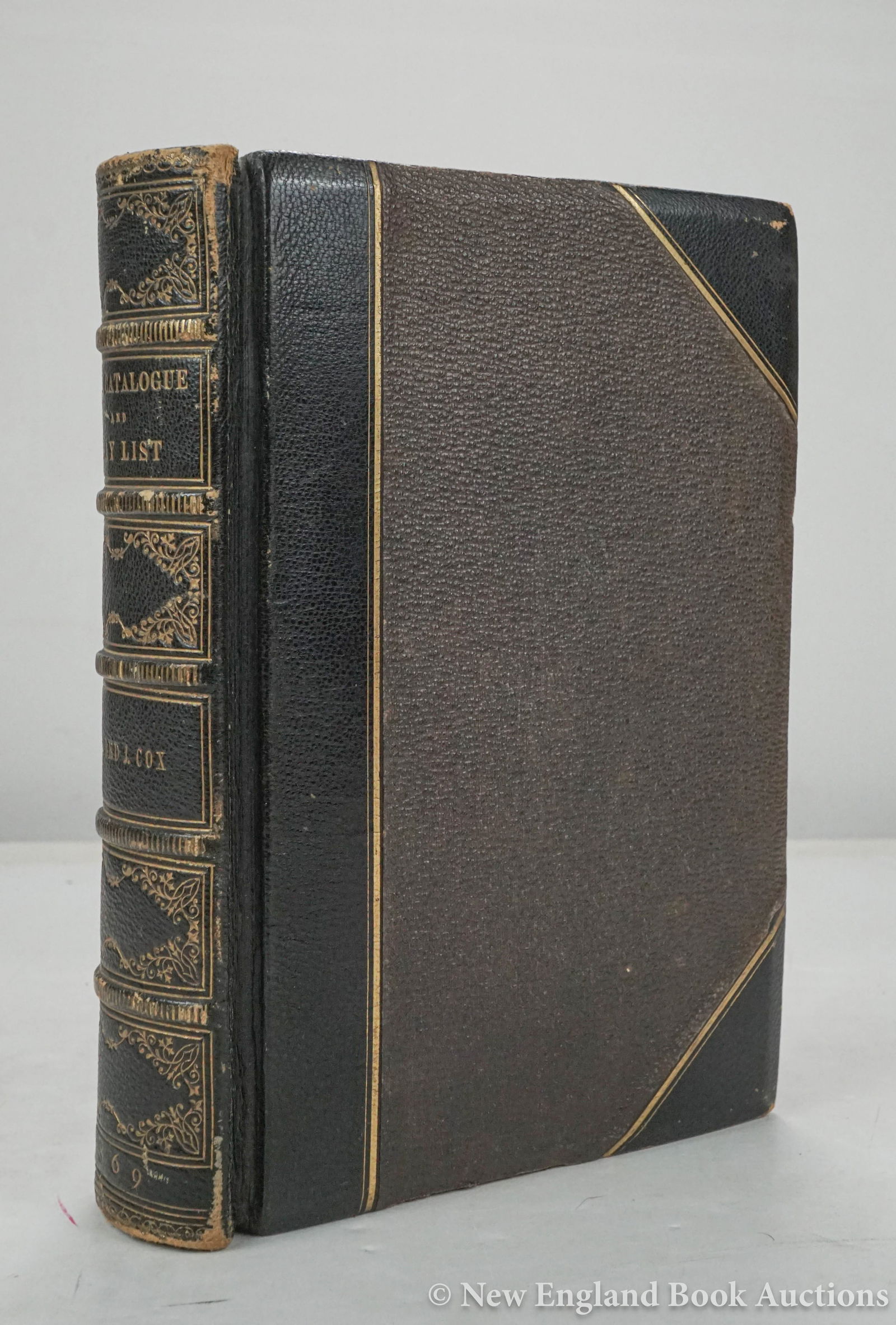 Catalogue of the Books: 56. Catalogue of the Booksand List of Plays in the Private Collection of Alfred J. Cox. Lithograph title page. Over 200 pages completed in ink or pencil. Thick 8vo,, contemporary gilt-decorated 3/4 le