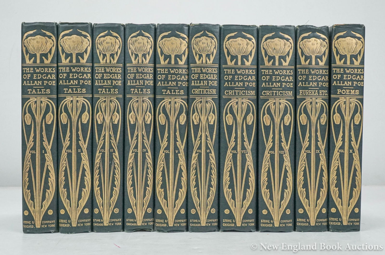 Poe, Edgar Allan: 163. Poe, Edgar Allan. Works. Illustrations by Albert Edward Sterner. 10 volumes. 8vo, publisher's gilt-decorated cloth, top-edges gilt; moderate wear, Albert Carl Lehman bookplates. Chicago: Stone &