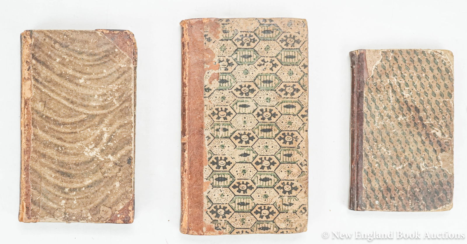 American Bindings: 7. American Bindings. Group of 3 volumes, as listed below. 8vo or 12mo, contemporary calf-backed decorated paper-covered boards; shelf-wear, foxed and browned, some margin stains or tears, etc. Vp, vd