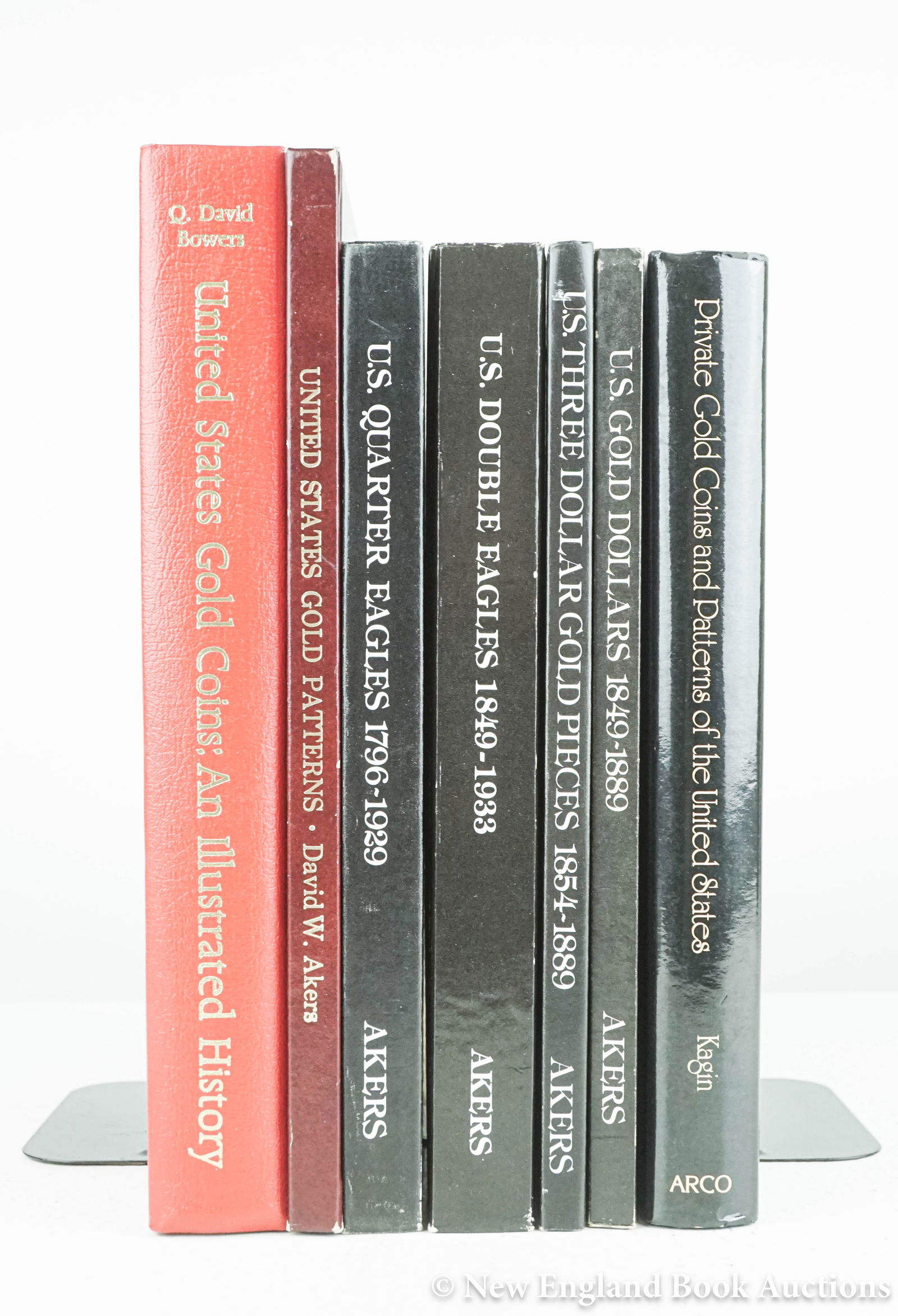 American Gold: 10. American Gold. Group of 7 volumes as listed below. Illustrated. 4to, various bindings; moderate wear. Vp, Vd [250/350] Akers. United States Gold Patterns. 1975 * Akers. United States Gold Coins: A