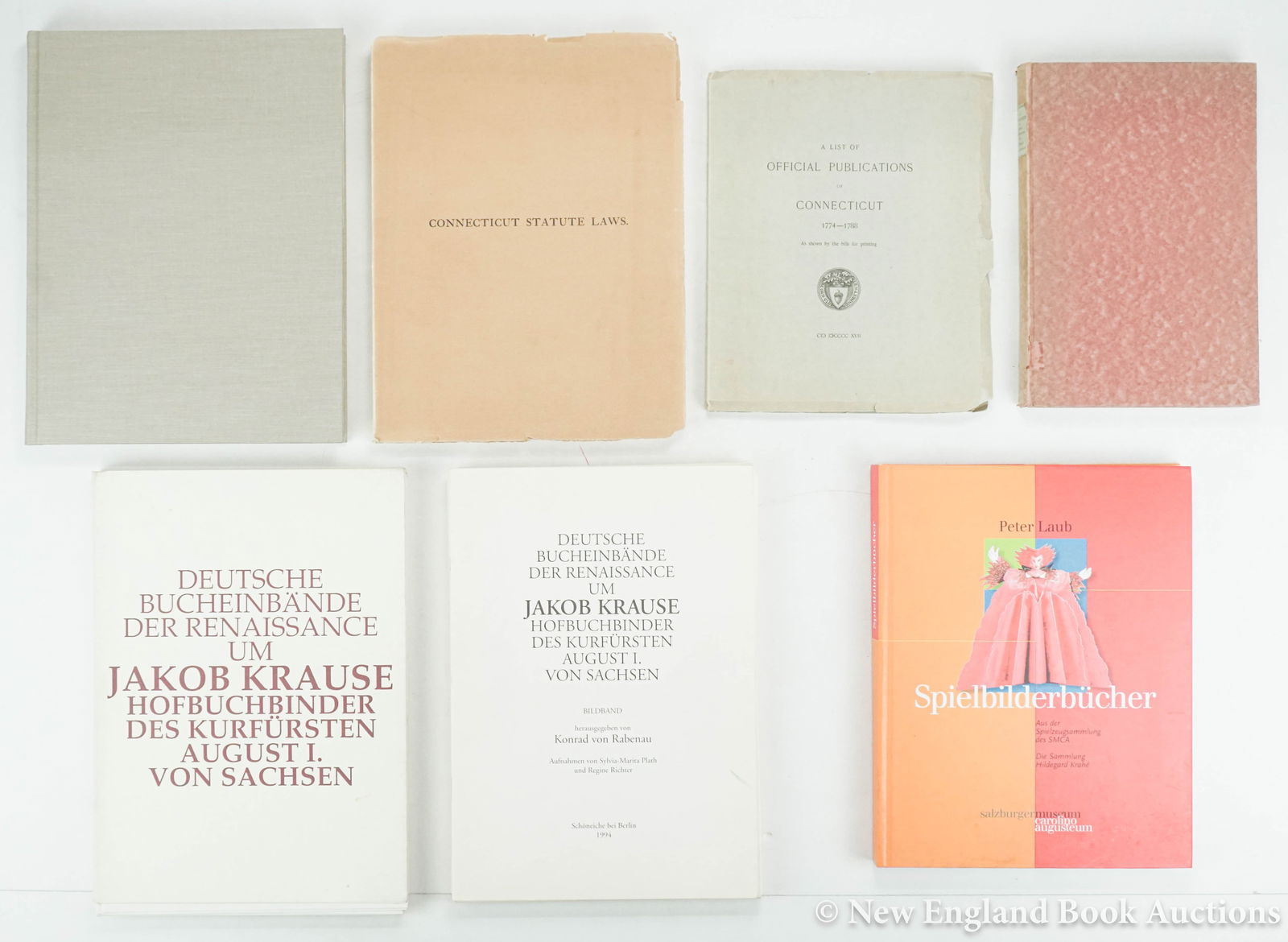 Books on Books: 40. Books on Books. Group of 7 volumes, as listed below. Illustrated. 4to, various bindings, first loose as issued; light wear. Vp, vd [200/300] Rabenau. Deutsche Bucheinb?nde der Renaissance um Jakob