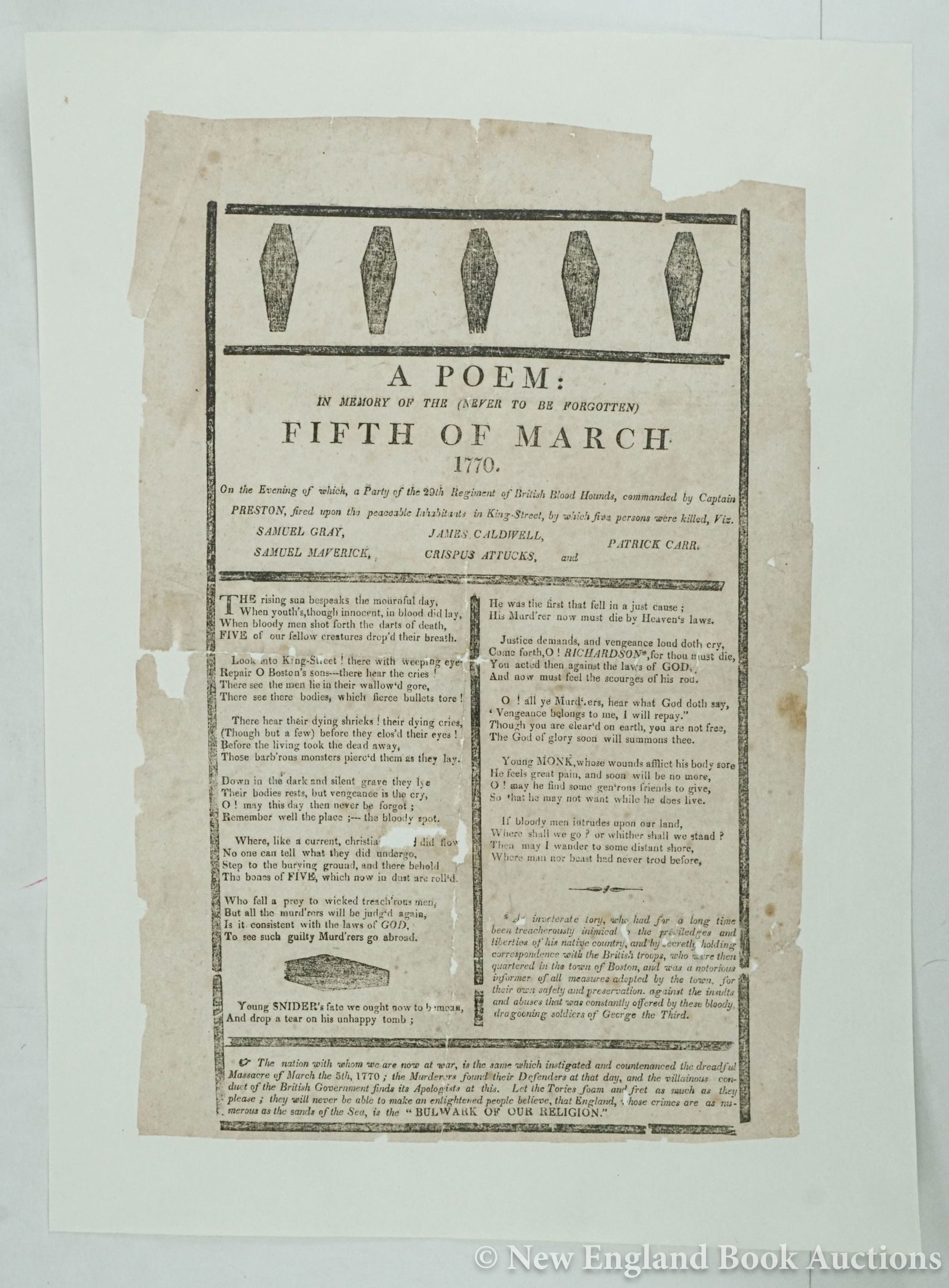 Boston Massacre: Revolutionary War Broadside 41. A Poem: In Memory of the (Never to be Forgotten) Fifth of March 1770. Broadside on wove paper, 15-3/4 x 10-1/4 inches, recently laid down on acid-free mounting paper. I