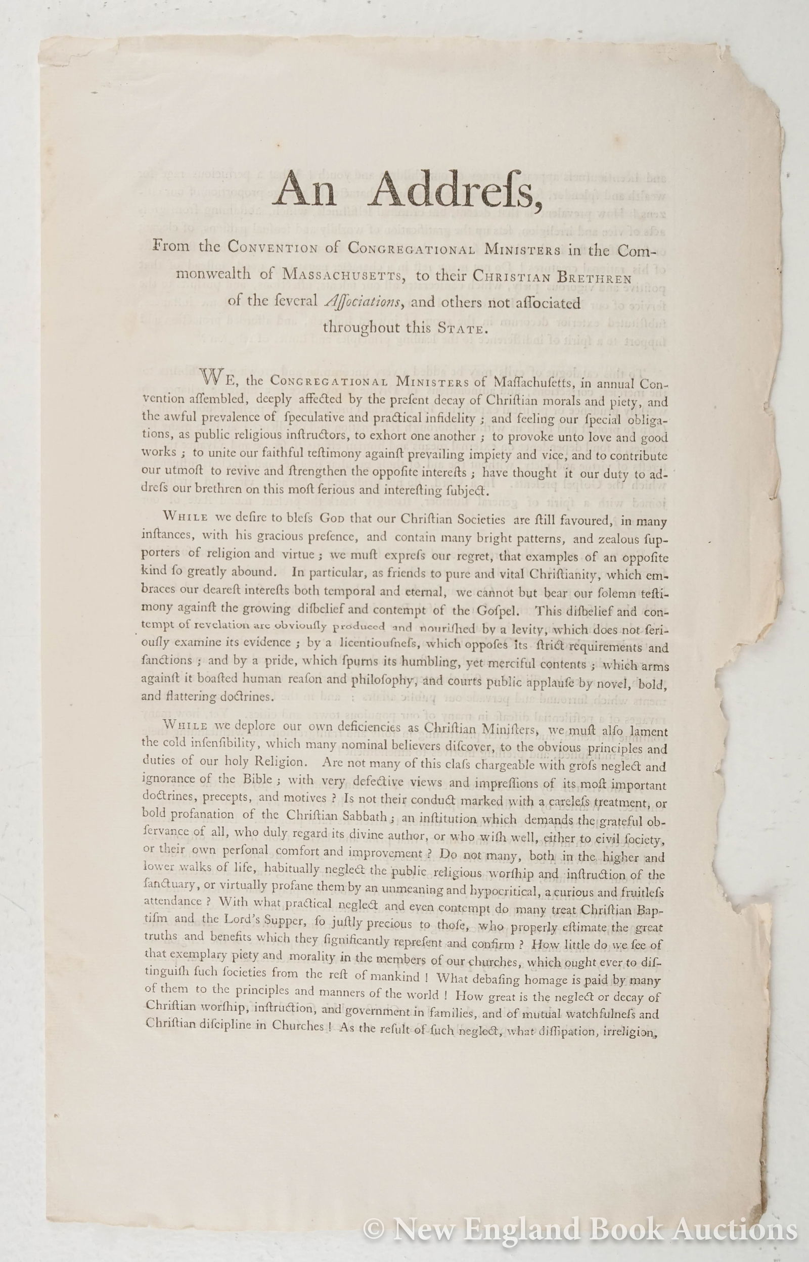 Broadside: 46. Broadside. An Address, From the Convention of Congregational Ministers in the Commonwealth of Massachusetts...By Eli Forbes and Jedidiah Morse. 3 pages. Folio, single-sheet folded; right margin