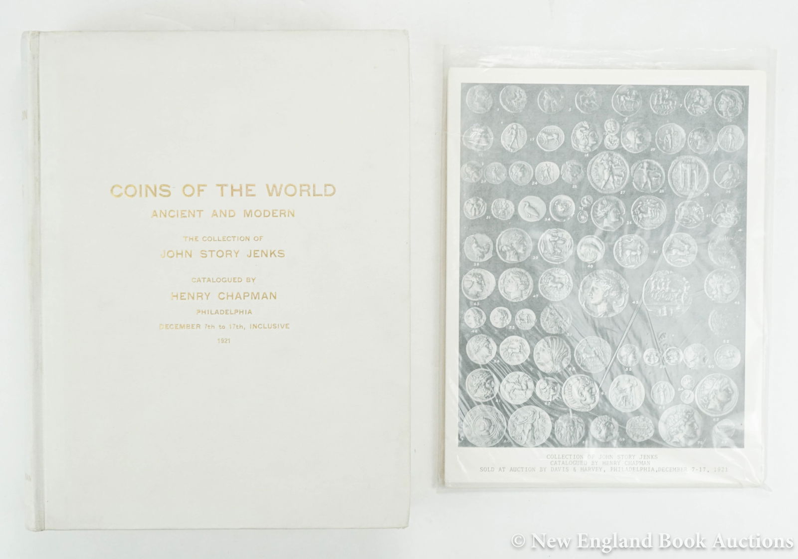 Chapman, Henry: 60. Chapman, Henry. Catalogue of the John Story Jenks Collection of Coins. 42 photographic plates (loose as issued). 4to, gilt-lettered cloth; light wear. (Philadelphia), 1921 [80/120]