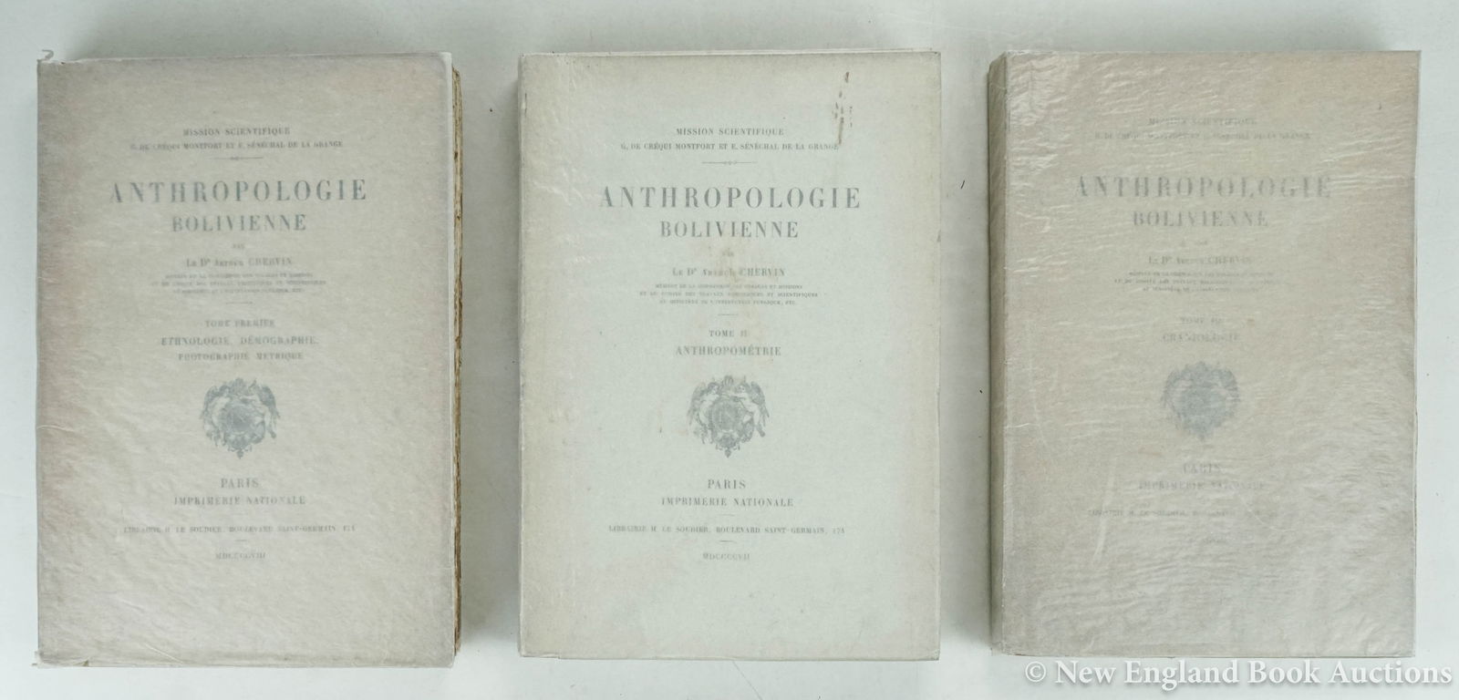 Chervin, Dr. Arthur: 62. Chervin, Dr. Arthur. Anthropologie Bolivienne. Profusely illustrated, including from photographs. 3 volumes. 4to, wrappers; light wear. FIRST EDITION. Paris, 1907-08 [100/150]