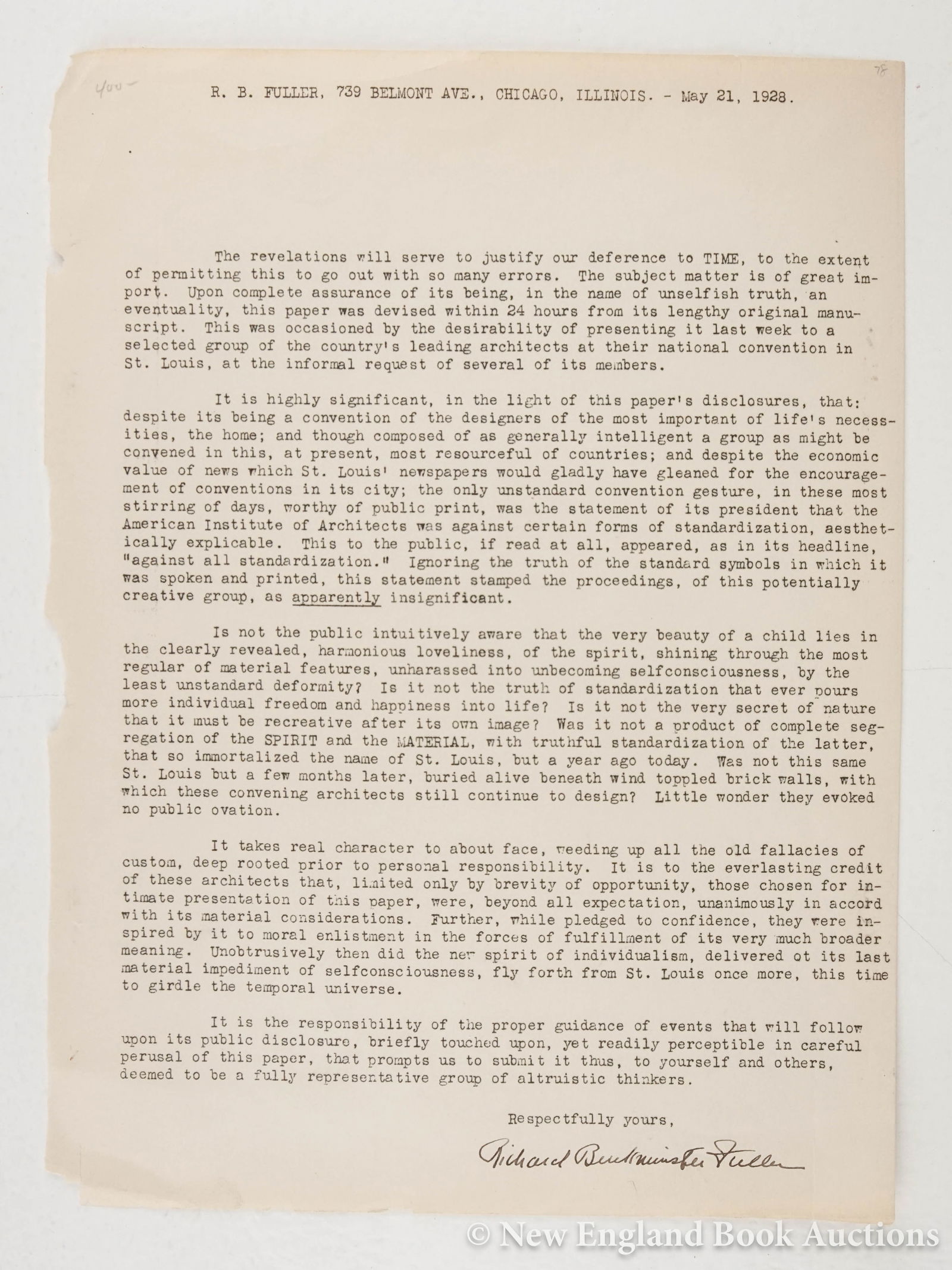 Fuller, R. Buckminster: 95. Fuller, R. Buckminster. Typed statement of his credo from early in his career. SIGNED BY FULLER. Chicago, May 21, 1928 [100/150]