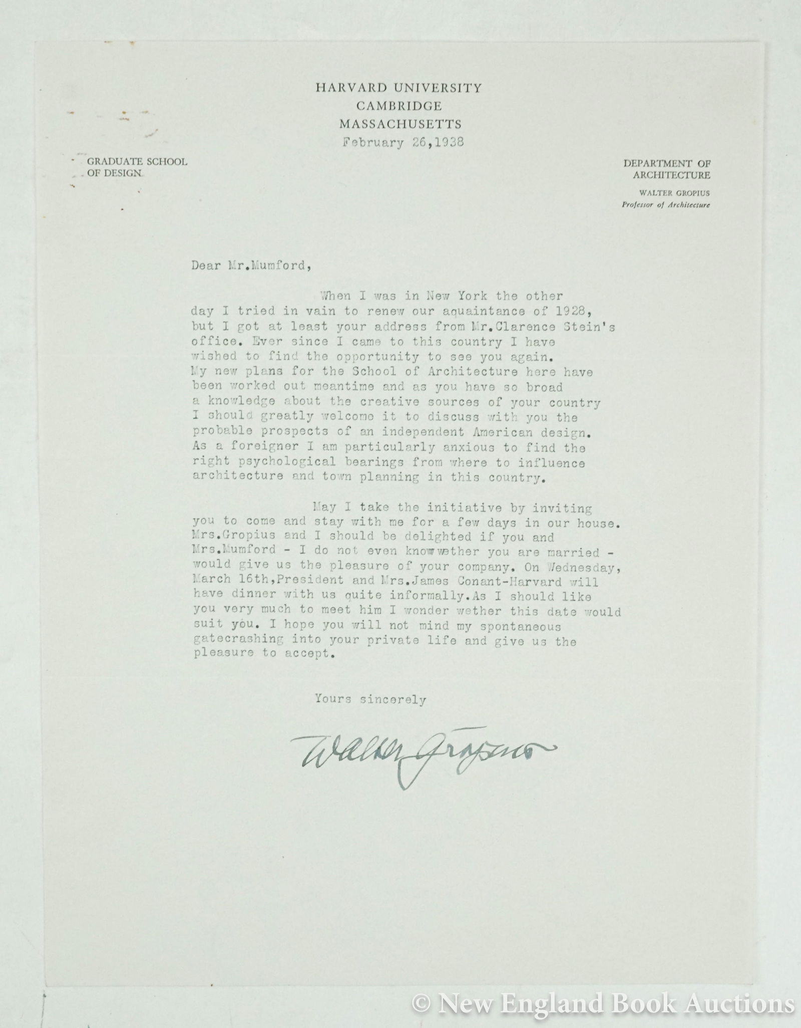 Gropius, Walter: 103. Gropius, Walter. Typed Letter Signed, to author and critic [Lewis] Mumford, wishing to renew an acquaintance, telling him about his plans for the Harvard School of Architecture, and inviting him