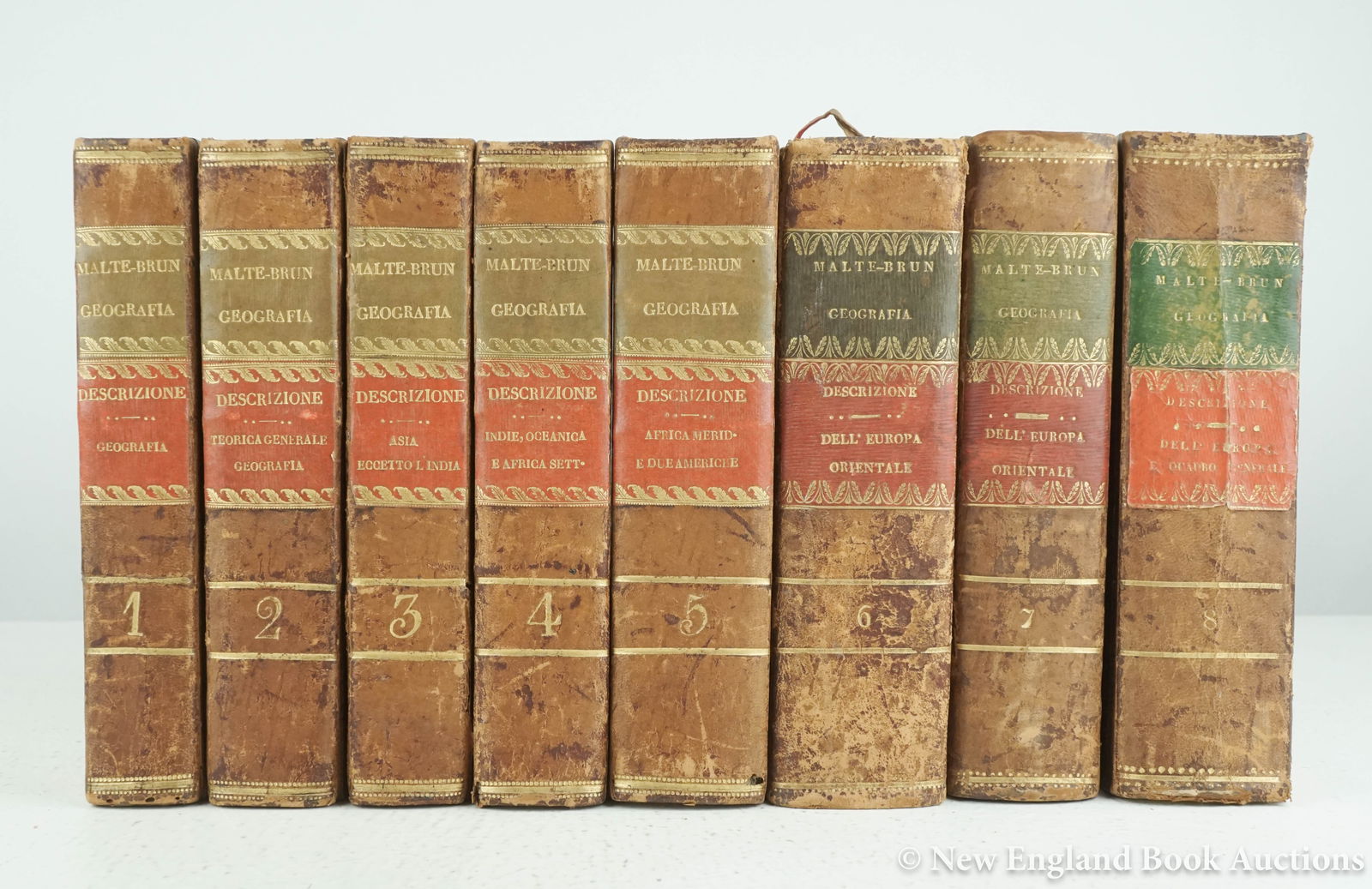 Malte-Brun, Conrad: 137. Malte-Brun, Conrad. Geografia Universale o Descrizione di Tutte le Parti del Mondo. Folding map, 4 folding plates. 8 volumes. 8vo, contemporary gilt-decorated calf-backed boards (mixed set);