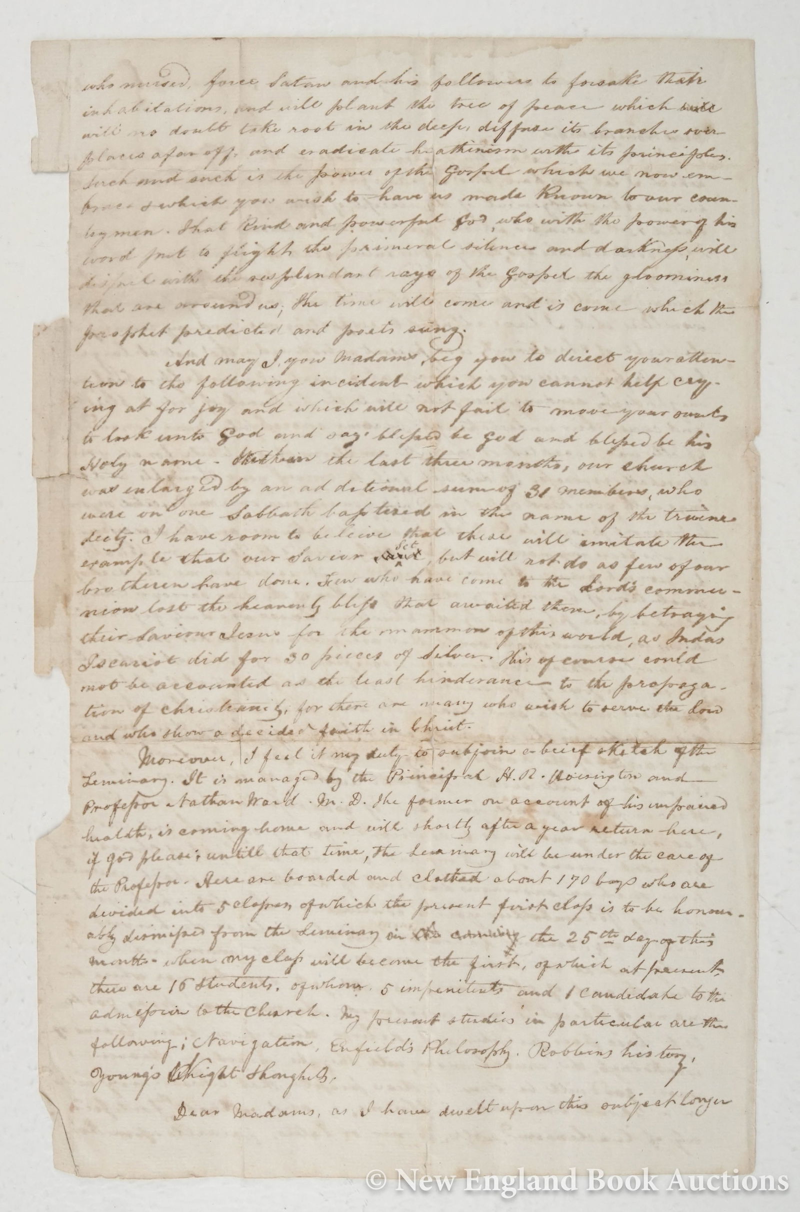 Manuscript: 138. Manuscript. Arnold, Joel R. 2-1/2 page manuscript letter discussing his missionary work in Ceylon. Illustrated with a 6-1/2 x 7 inch hand colored manuscript map. Folio, single-sheet folded; torn