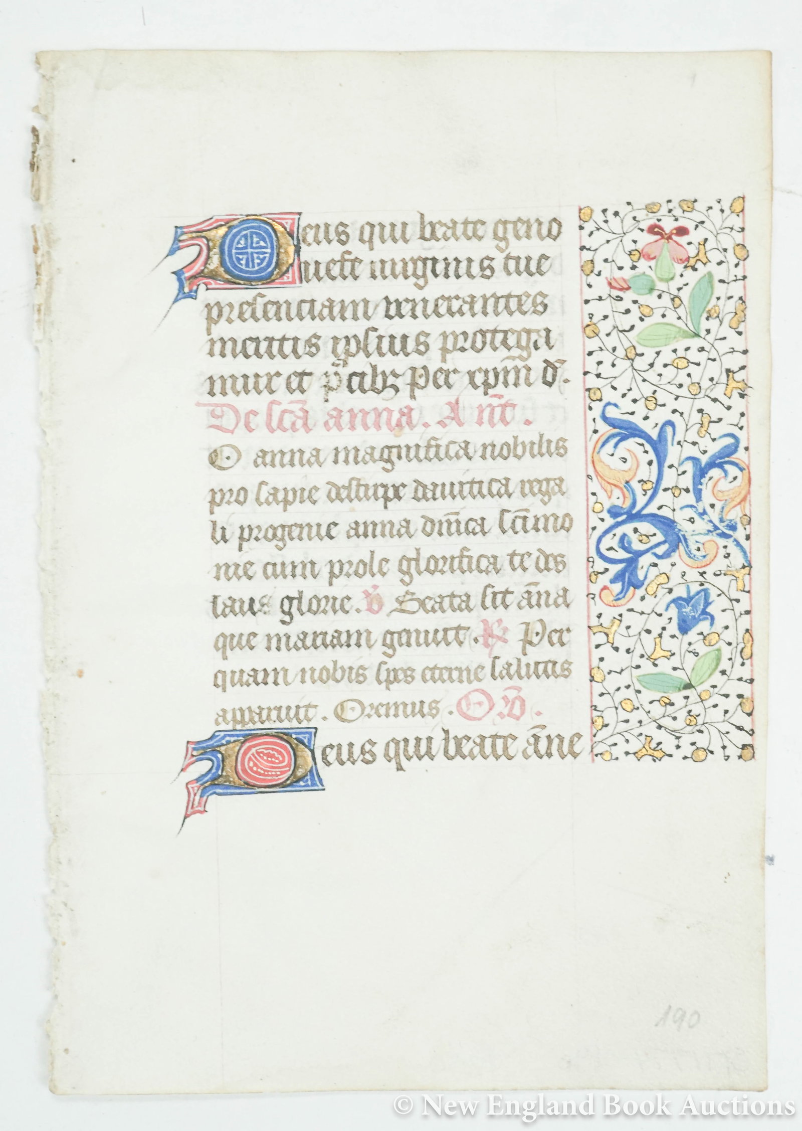 Manuscript: 139. Manuscript. Illuminated manuscript leaf. 15 lines. 3 single and 2 double-line initials in red and blue, foliated border in green and blue highlighted in gold. Small 8vo, double-sided mat; light
