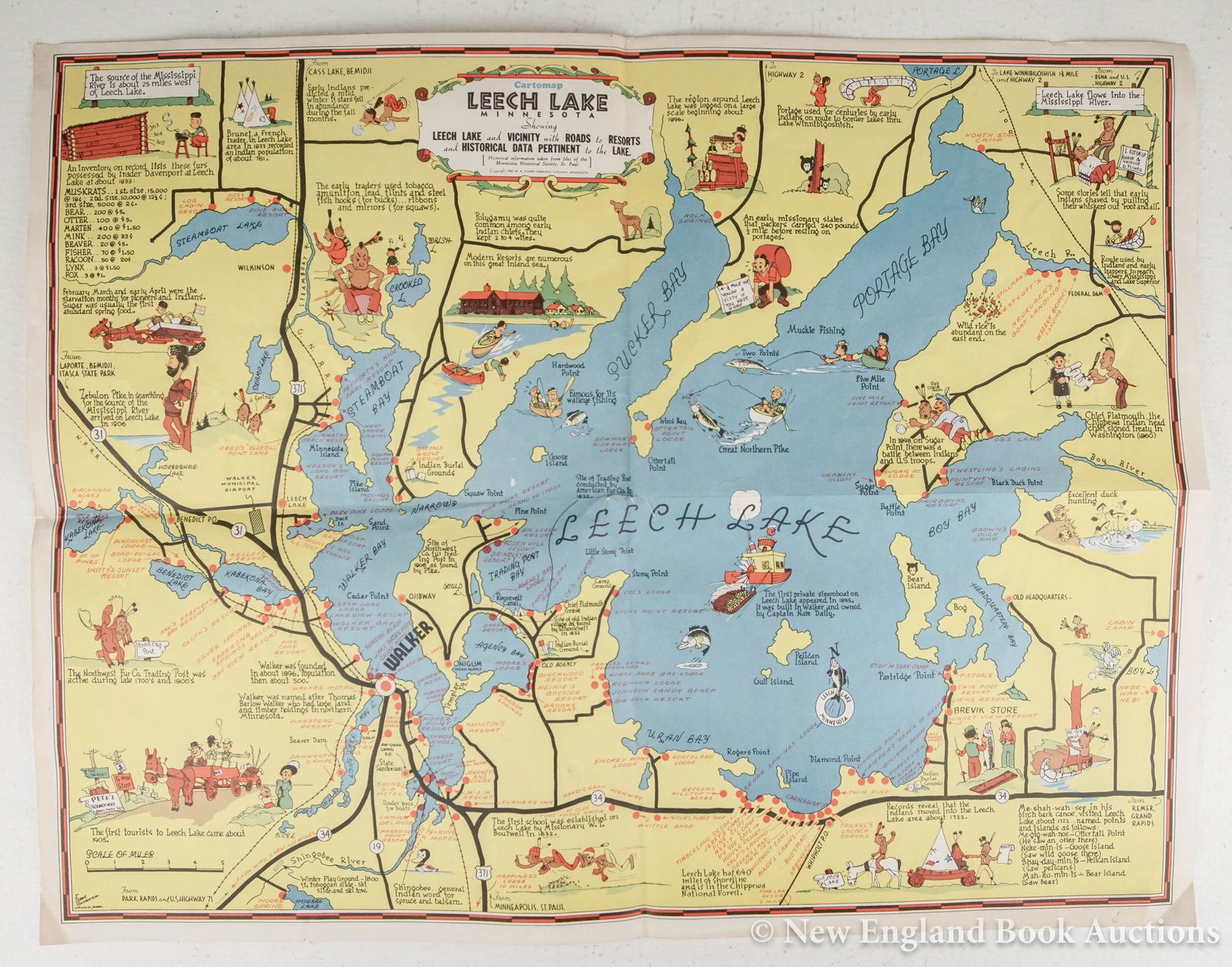Minnesota: 146. Minnesota. Antoncich, Frank. Cartomap Leech Lake. Color lithograph map. 17 x 22 inches; creased at folds, minor hand-soiling. (Virginia, MN), Circa 1940s [80/120]