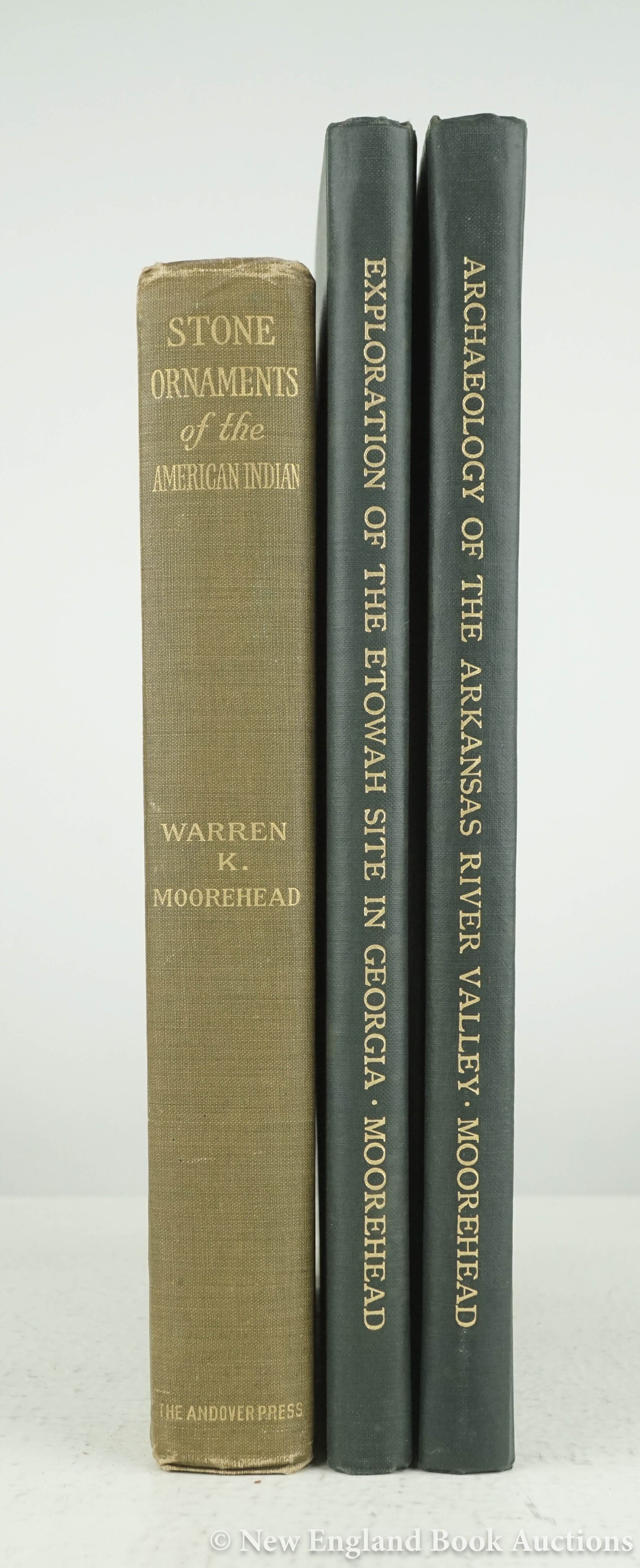 Moorehead, Warren King: 152. Moorehead, Warren King. Group of 3 volumes, as listed below. Illustrated. 4to, cloth; moderate wear. Vp, vd [80/120] Stone Ornaments Used by Indians in the United States and Canada. 1917 *
