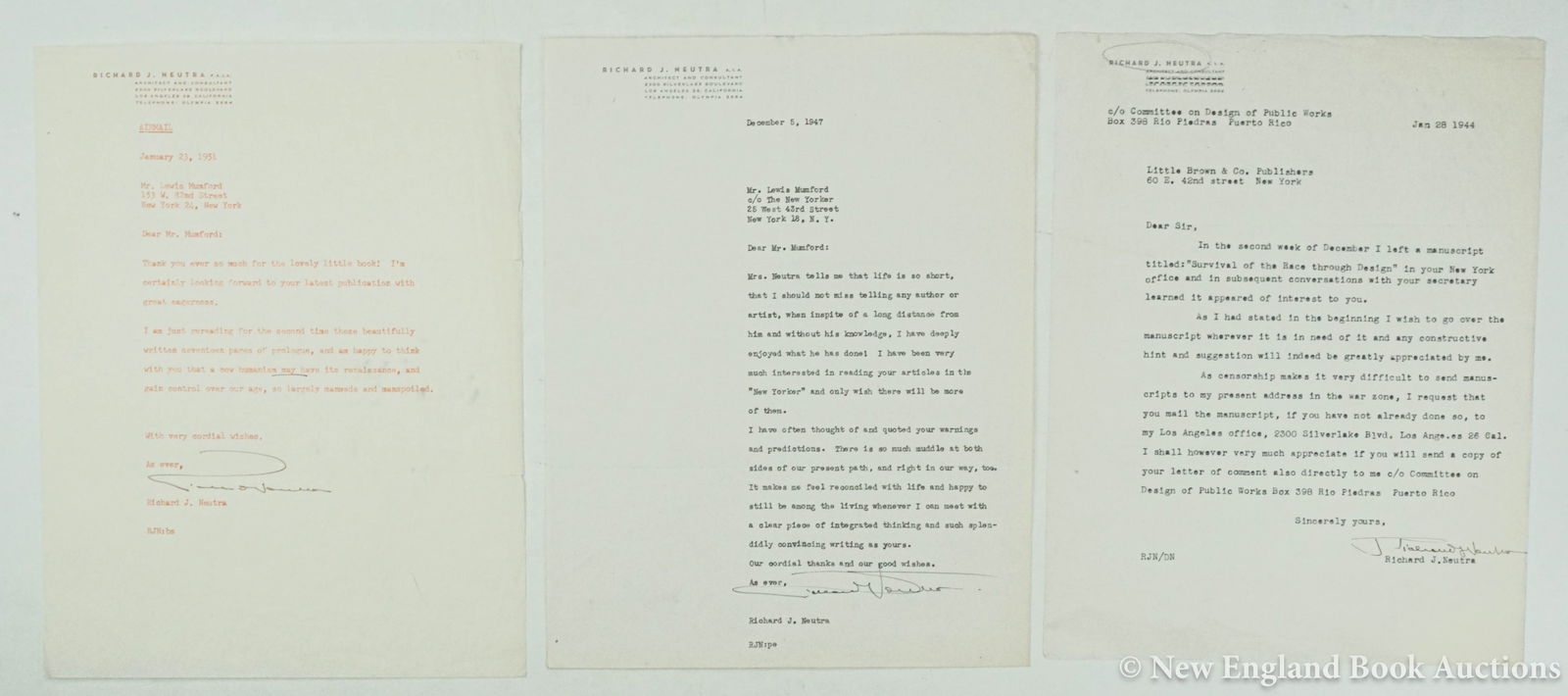 Neutra, Richard J: 156. Neutra, Richard J. Group of 3 Typed Letters Signed, one to Little Brown & Co Publishers, discussing a manuscript. Two others written to Lewis Mumford: one praising Mumford's articles in the "New