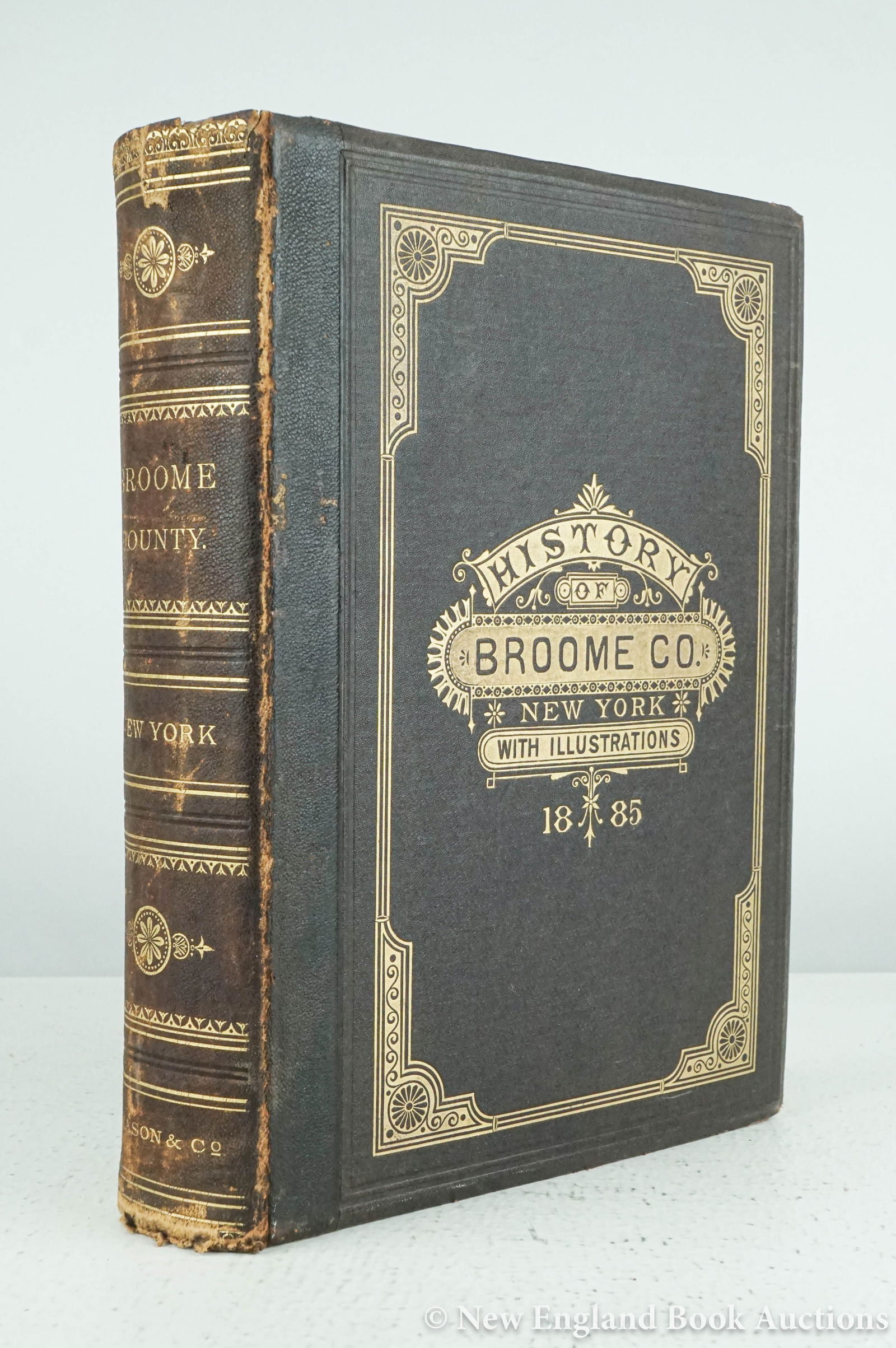 New York: 157. New York. Smith. History of Broome County. Illustrated. 4to, gilt-decorated leather-backed boards, all edges gilt; spine-ends frayed, rubbed, generally clean and sound internally. Syracuse,