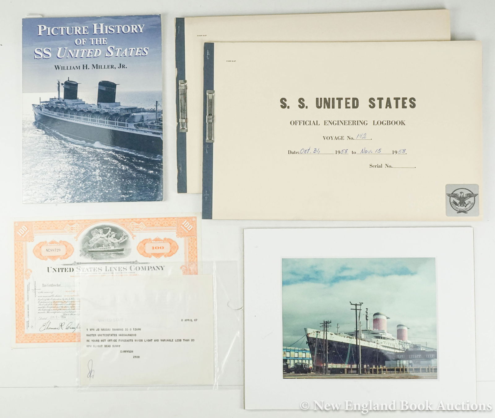 Ocean Liner S. S. United States: 162. Ocean Liner S. S. United States. Collection of ephemera, as listed below. Various sizes and formats; light wear. Vp, vd [200/300] Dinner place setting of 4 pieces of Mayer Grey Star pattern