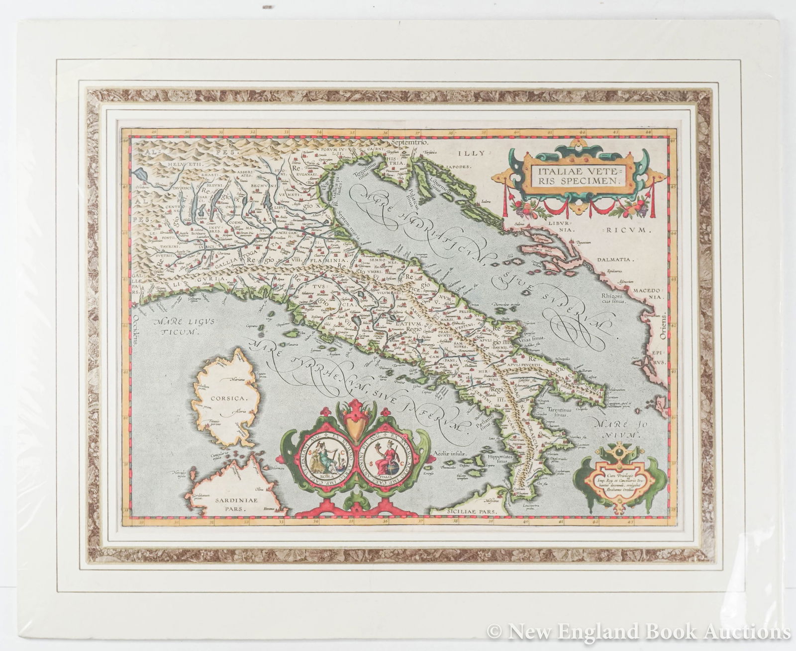 Ortelius, Abraham: 166. Ortelius, Abraham. Italiae Veteris Specimen. Double-page engraved map with double-medallion cartouche. 14 x 19 inches, plus margins, matted; generally clean and sound. Antwerp, Circa 1600 [800/12