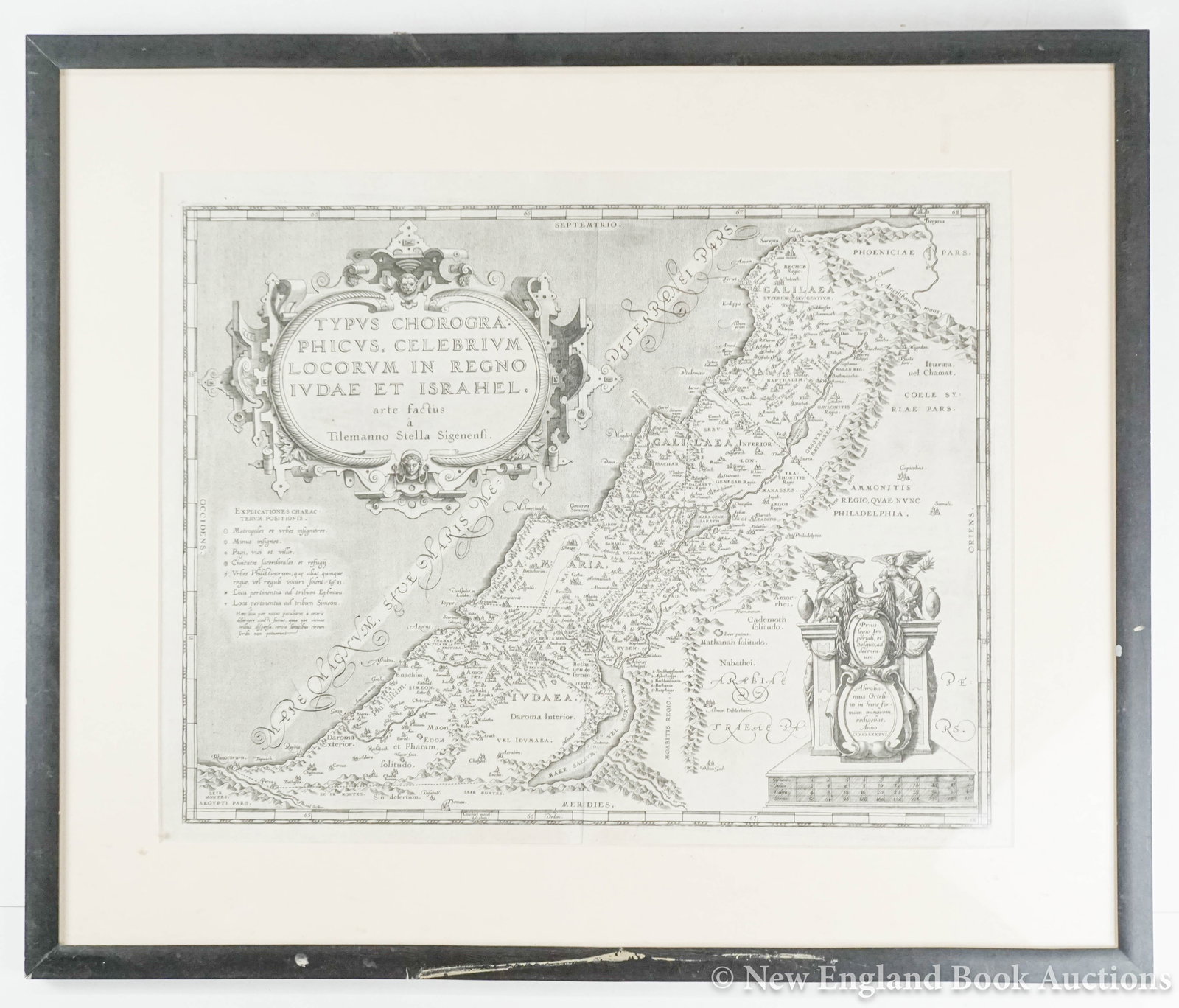 Ortelius, Abraham: 167. Ortelius, Abraham. Typus Chroographicus, Celebrium Locorum in Regno Judae et Israhel. Fine engraved map. Latin text on verso. 14 x 18 inches plus margins, neatly matted, in glass-fronted frame; c