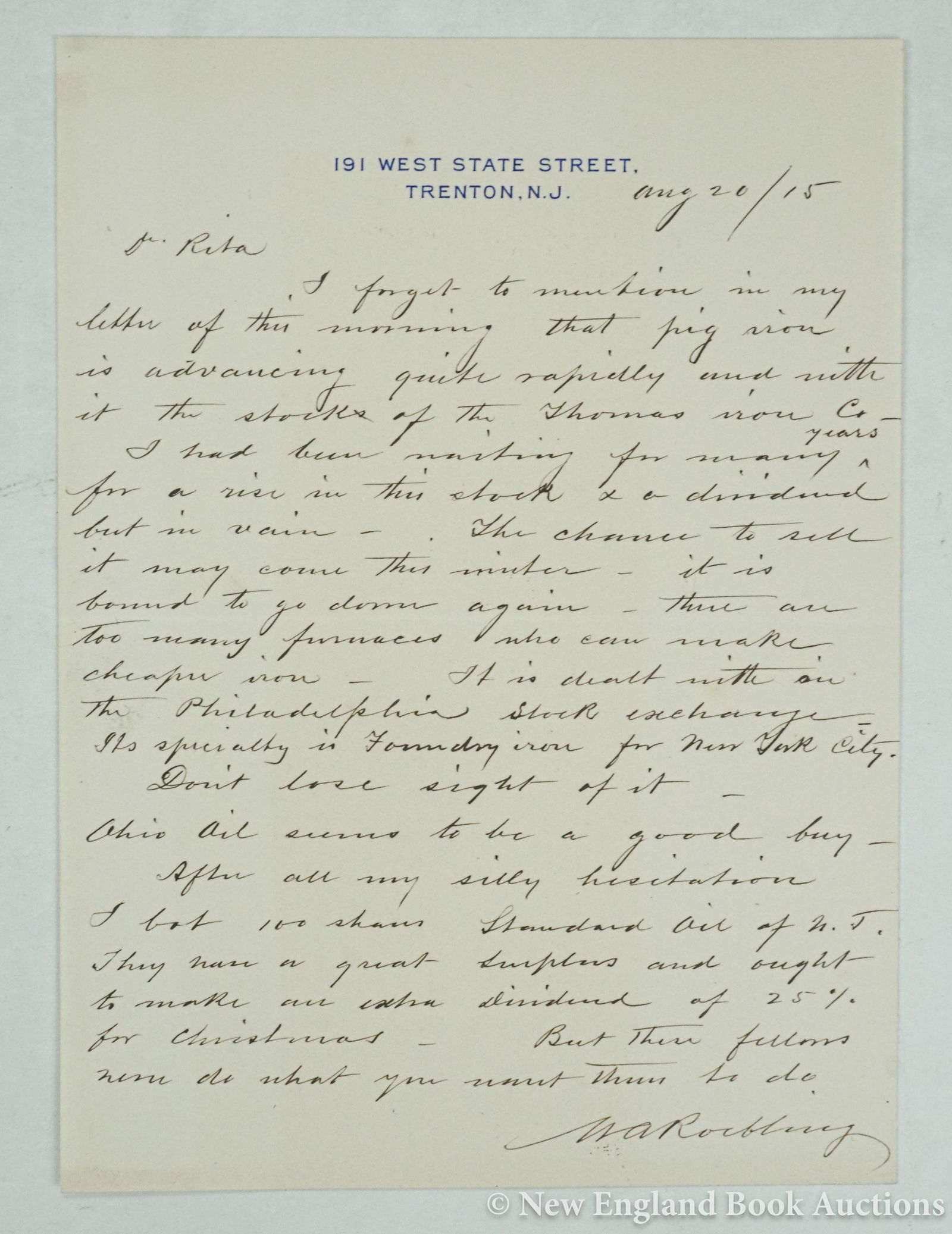 Roebling, Washington: 188. Roebling, Washington. Autograph Letter Signed W. A. Roebling. 1 page. 8vo; light wear. Trenton, N. J., August 20, 1915 [75/100] "I forgot to mention in my letter from this morning that pig