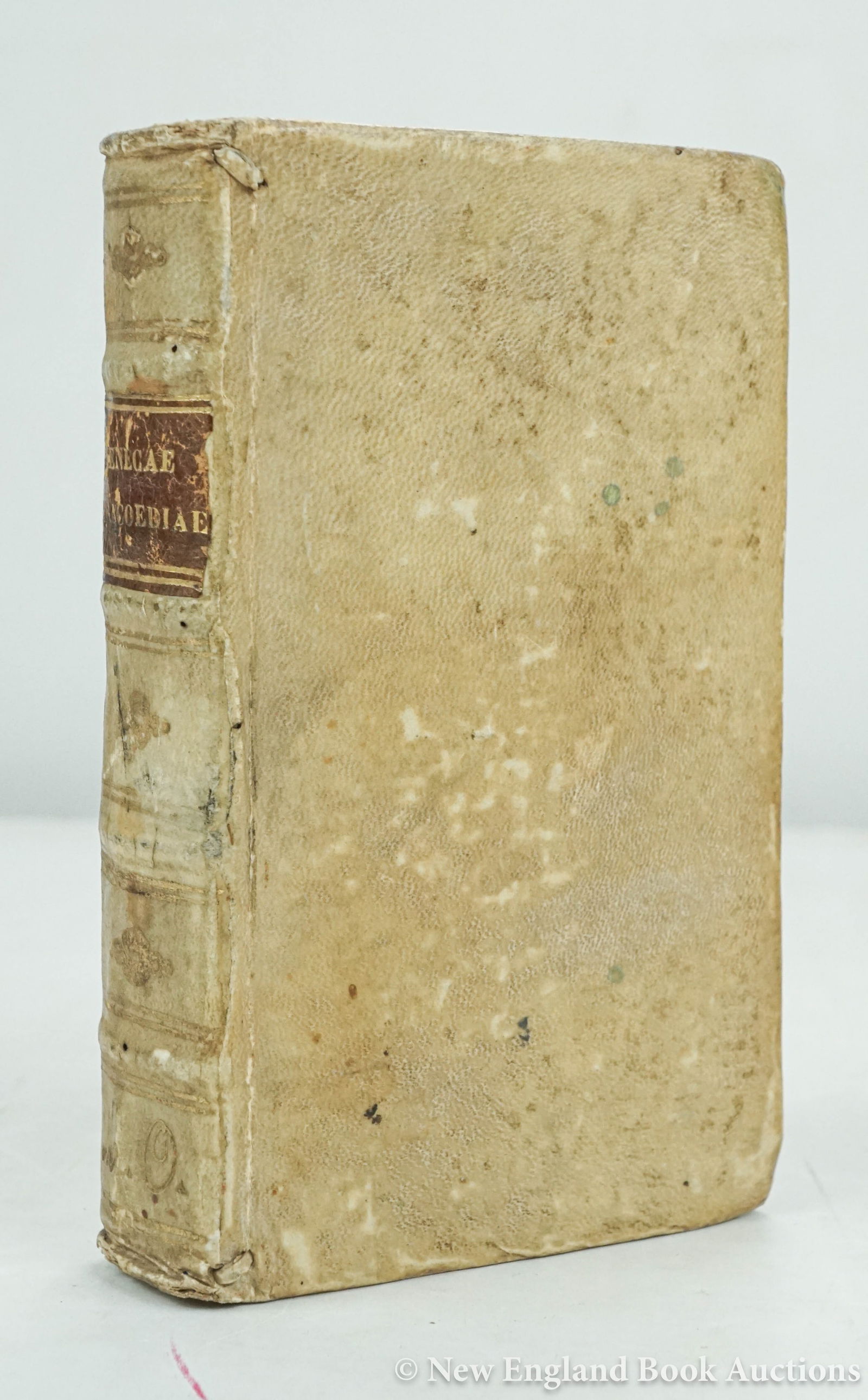 Seneca, Lucius Annaeus: 195. Seneca, Lucius Annaeus. Tragoediae. Engraved title page (margin chipped). [8], 363 pages. 12 mo, contemporary vellum, gilt-lettered spine label; some foxing and browning, Cesar Tarourus (?) ink