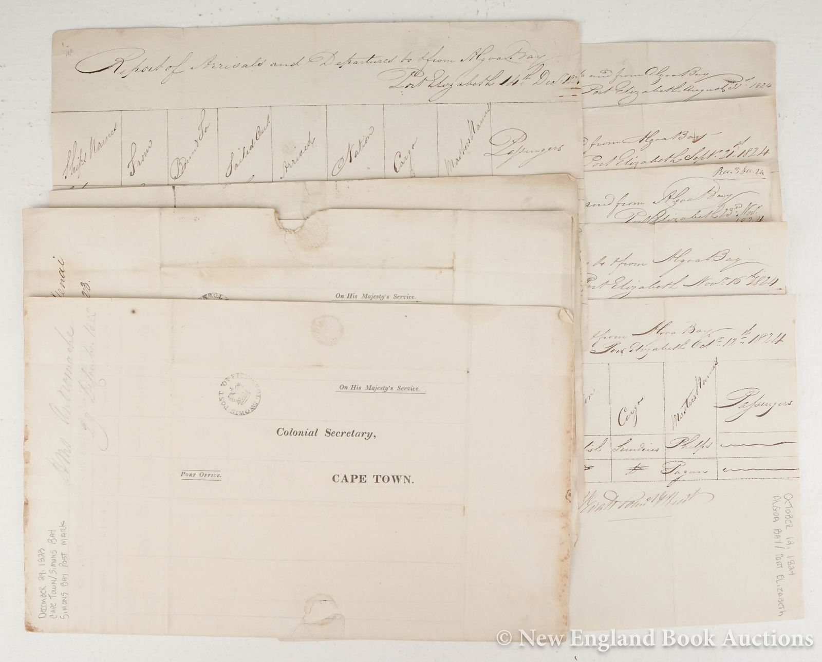 South Africa: 198. South Africa. Group of 10 maritime documents. Manuscript or partly printed. 4 double-page. Folio, single sheets; a few margin tears (1 closed), 2 with holes from seal, generally sound. South