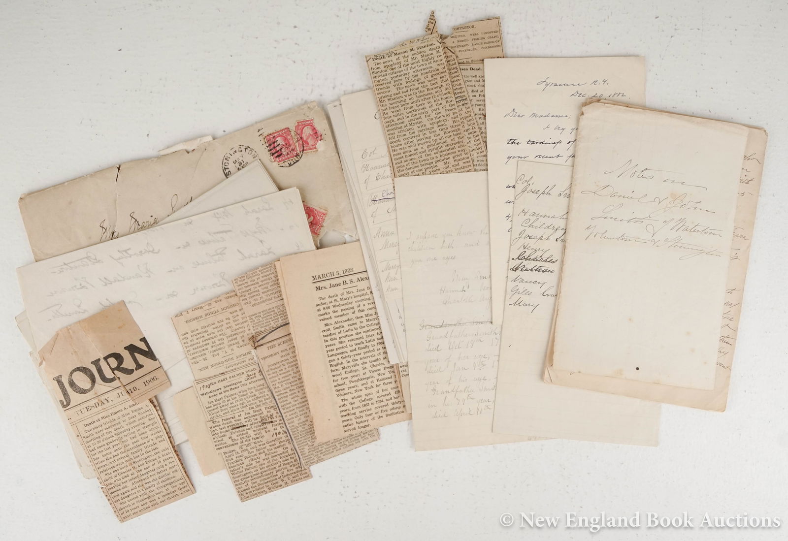 Stanton, Maria: 199. Stanton, Maria. Archive of over 100 pages of manuscript and printed material relating to the life of Stanton. Various sizes and formats; varying wear. Mostly Connecticut, 19th-century