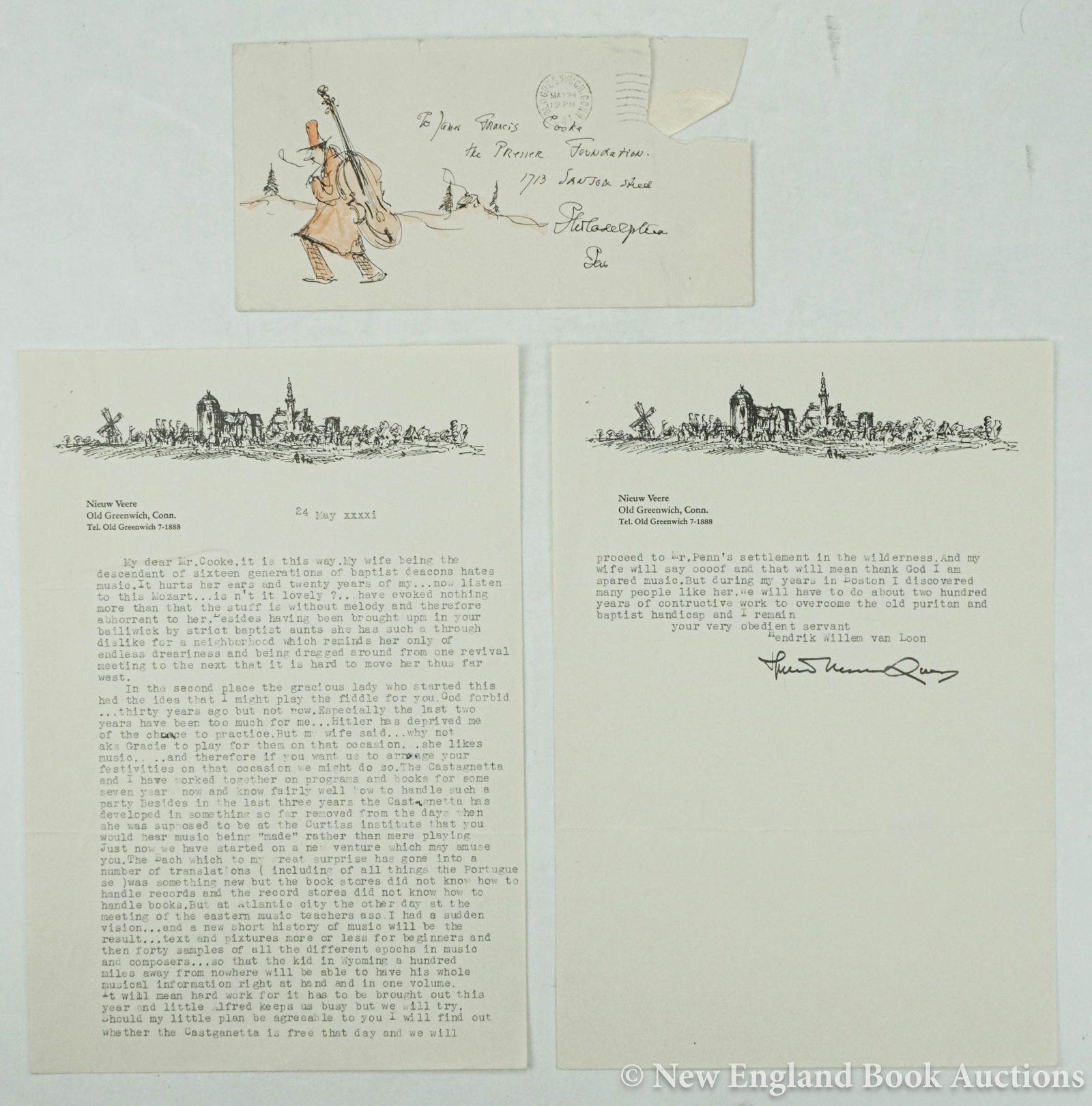 Van Loon, Hendrik W: 217. Van Loon, Hendrik W. Typed Letter Signed to J. F. Cooke on personal stationary. 1 1/2 pages. 4to, with envelope (stamp torn away) containing an original sketch in ink & watercolor by Van Loon,