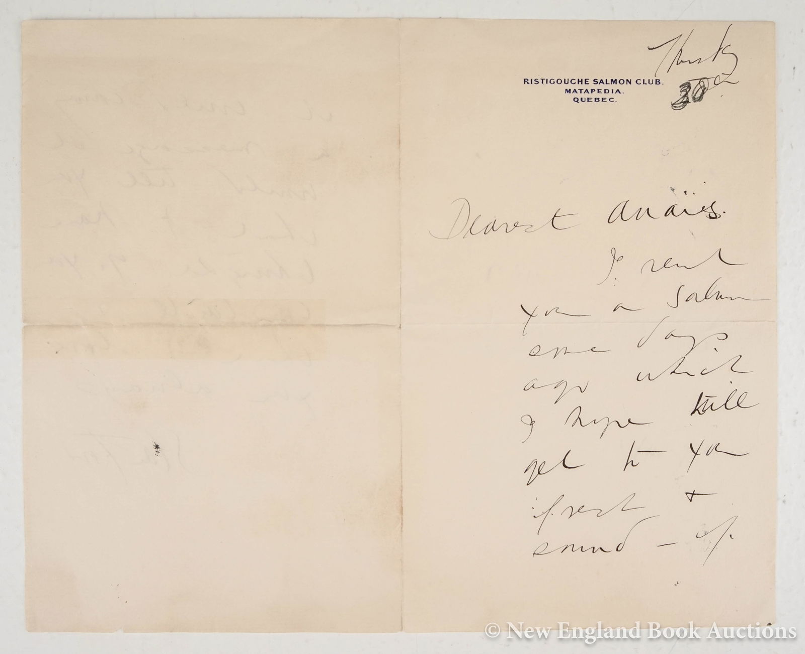 White, Stanford: 233. White, Stanford. Autograph letter signed to Anais Casey. 2 page. 8vo; moderate wear. Quebec, circa 1890's [200/300] "I sent you a Salmon... which I hope will get to you fresh and sound."