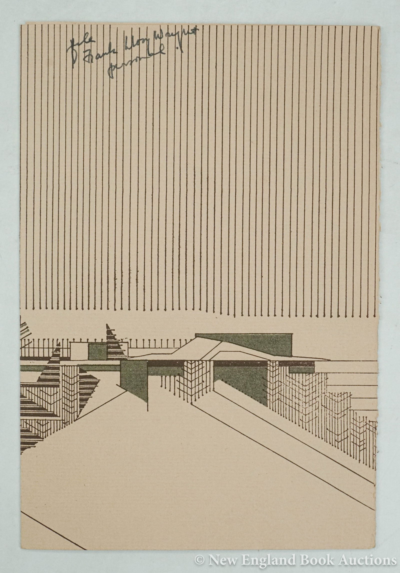 Wright, Frank Lloyd: 247. Wright, Frank Lloyd. Signed Architectural Print on his 89th Birthday Pamphlet. Includes the text from Taliesin Tract, Number One: Man. 3 pages, 8vo, single sheet folded; light wear, "file Frank L