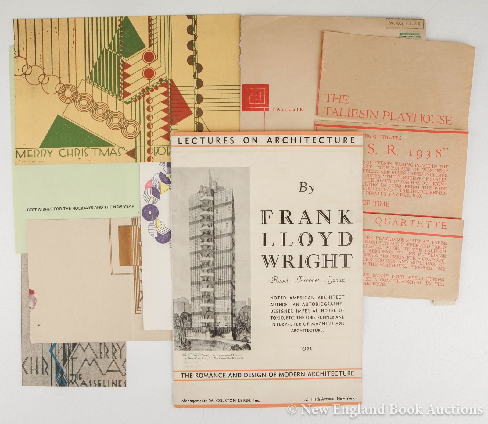 (Wright, Frank Lloyd): 250. (Wright, Frank Lloyd). Collection of over 10 pieces of ephemera. Various sizes and formats; most light wear. Vp, vd [250/350] Includes: A Taliesin Square-Paper. No. 9. (1945). (Sweeney 2052) * Th