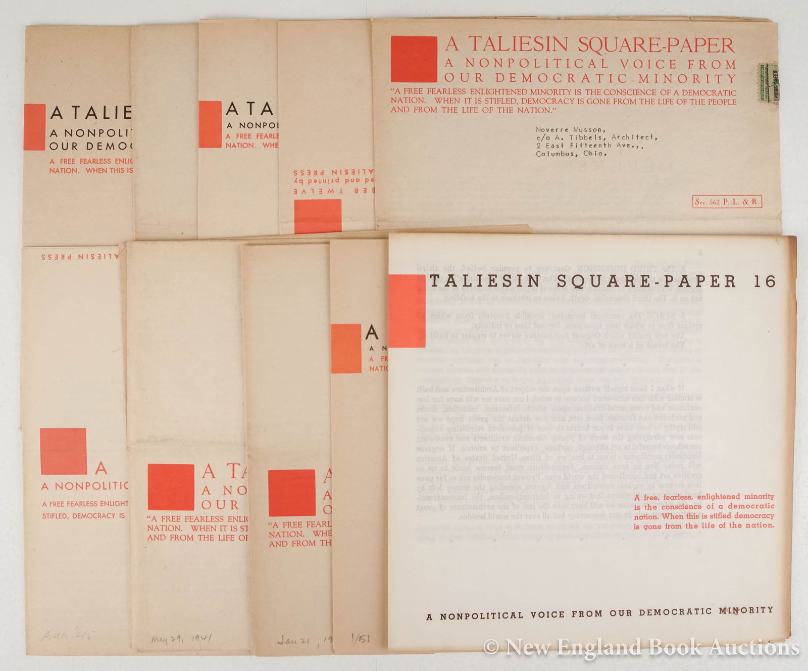 [Wright, Frank Lloyd]: 252. [Wright, Frank Lloyd]. A Taliesin Square-Paper. Group of 10, as listed below. Square 4to, self-wrappers, some with Noverre Musson's typed address and stamps at margin; generally sound. Np: Talies