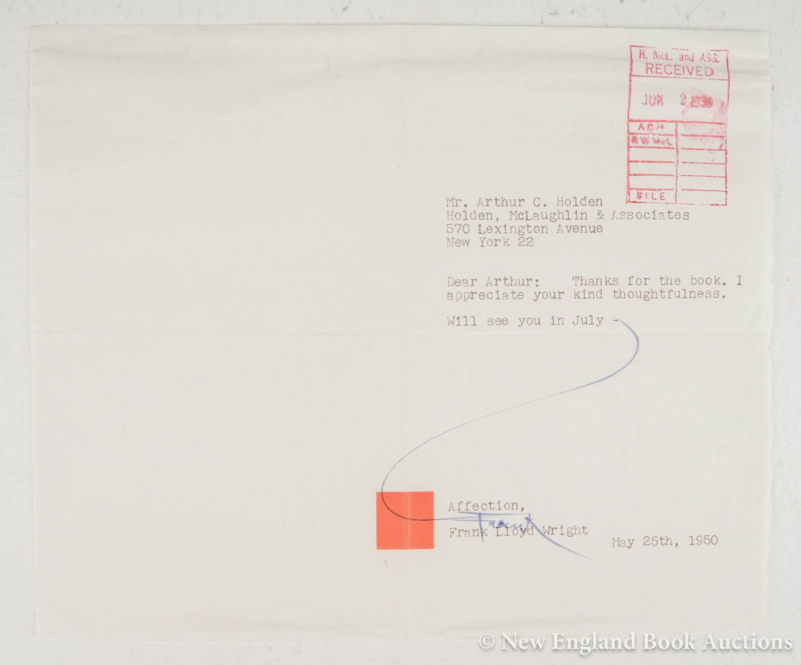 Wright, Frank Wright: 254. Wright, Frank Wright. Typed Letter Signed by Wright to Arthur C. Holden. 1 page. Oblong 4to, Taliesin stationary, "received stamp" in ink in upper corner; light wear. (Scottsdale, AZ), May 25th,