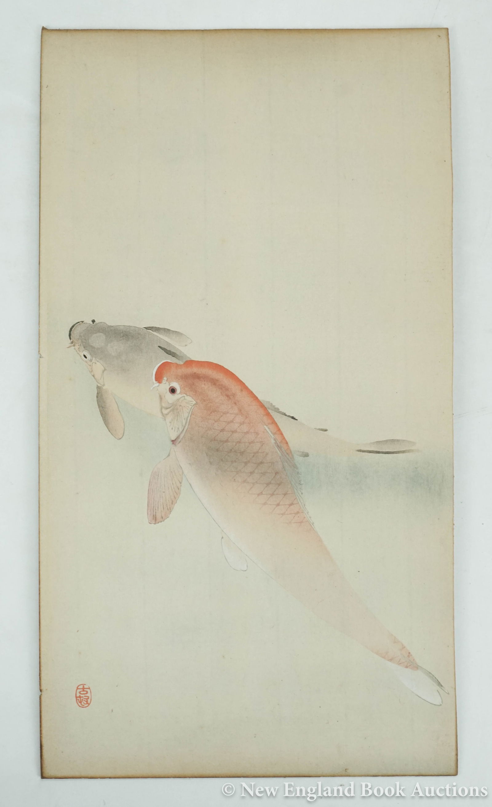 Japanese Woodblock: 2. Japanese Woodblock. Koson Ohara. Carp. Fine colored woodblock. 13-1/2 x 7-1/2 inches, printed on laid paper, mounted. Japan, Meiji [200/300] Published by Daikokuya.