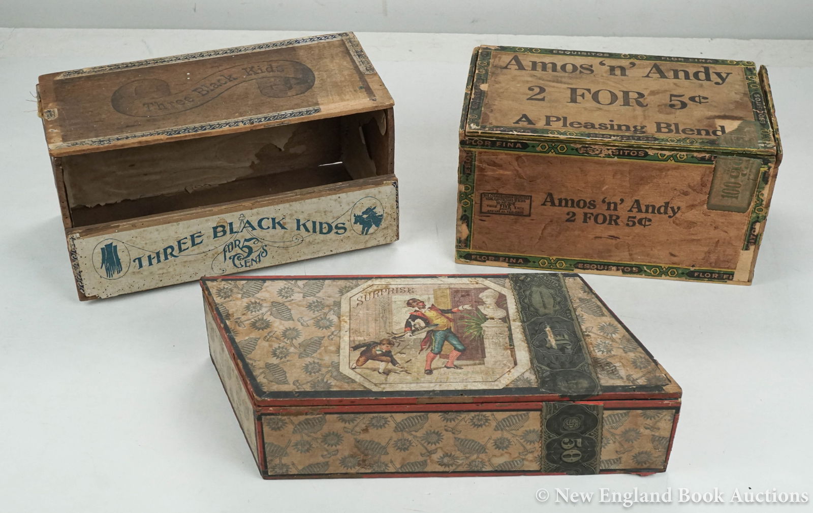 Tobacciana: 6. Tobacciana. Group of 3 cigar boxes, 2 covers printed in black, each with decorative cover-labels; some wear and soiling, remnants of tax stamps. American, 19th-20th century [75/100]
