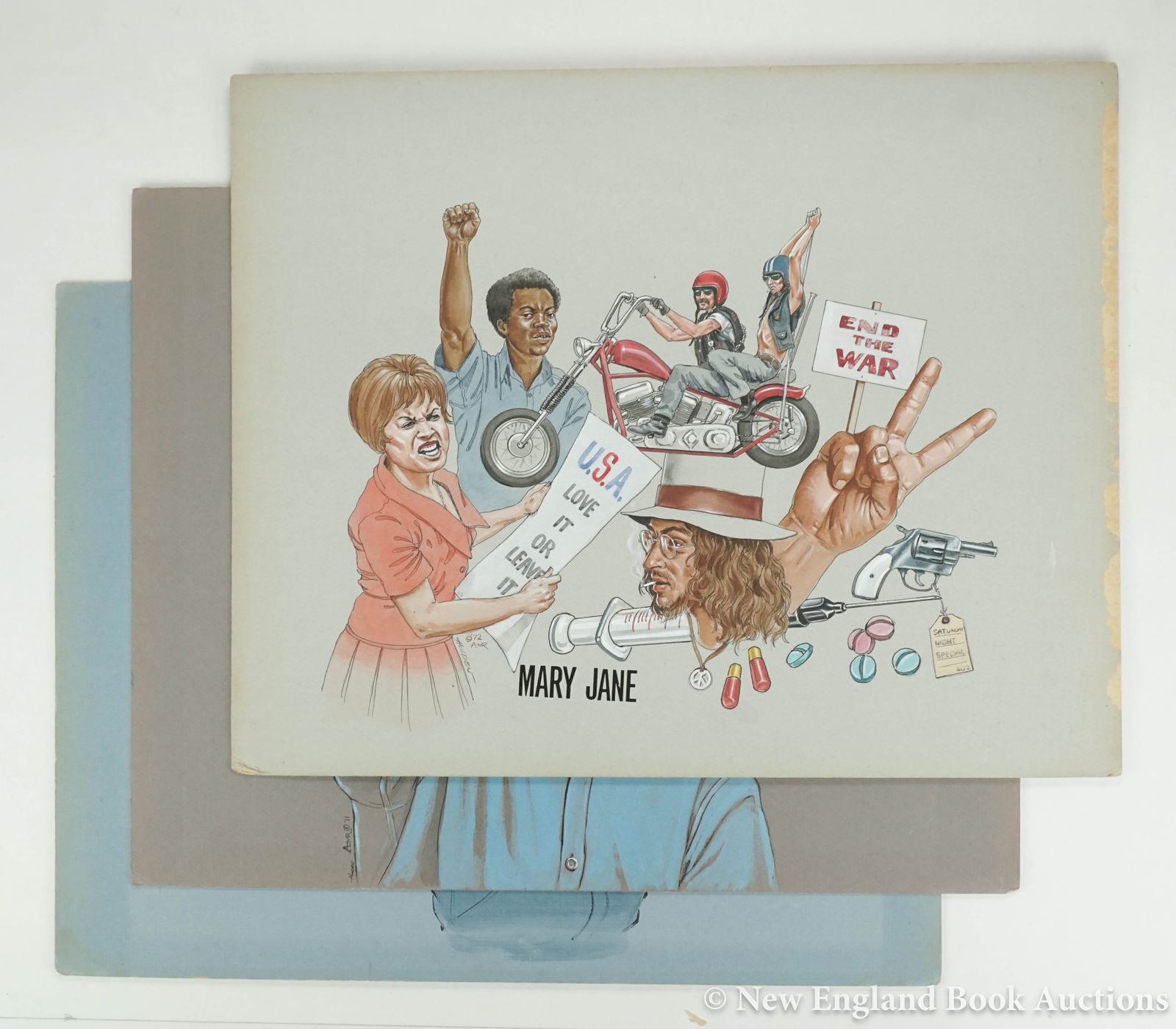 Black Power & Peace: 11. Black Power & Peace. Group of 3 original ink and watercolor illustrations. Each 16 x 20 inches on stiff board; 1 margin abraded. American, 1970s [75/100] Two are SIGNED HOLDEN with AMR