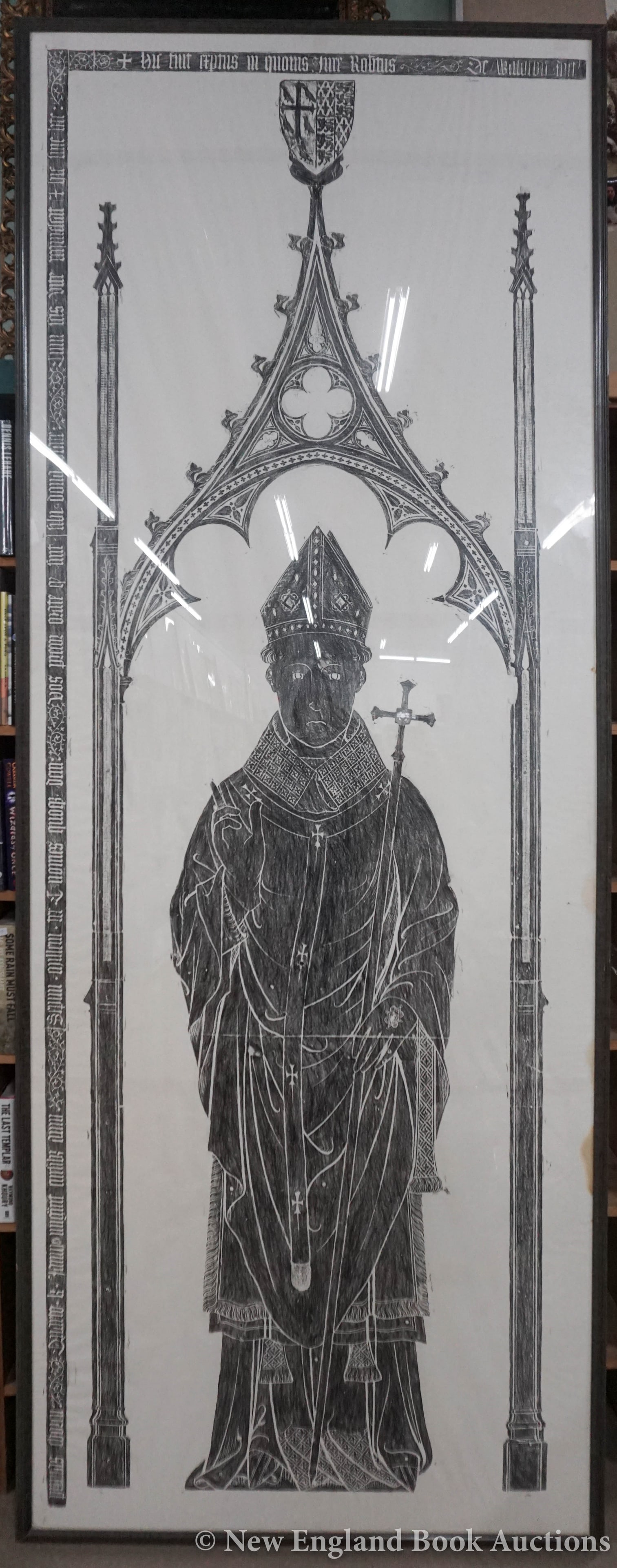 Brass Rubbing: 12. Brass Rubbing. Fine brass rubbing from the tomb of Robert de Waldeby (or Waldby) is in St Edmund's chapel in Westminster Abbey. 8 foot 9 inches x 3 foot 3 inches, in glass-fronted frame; some