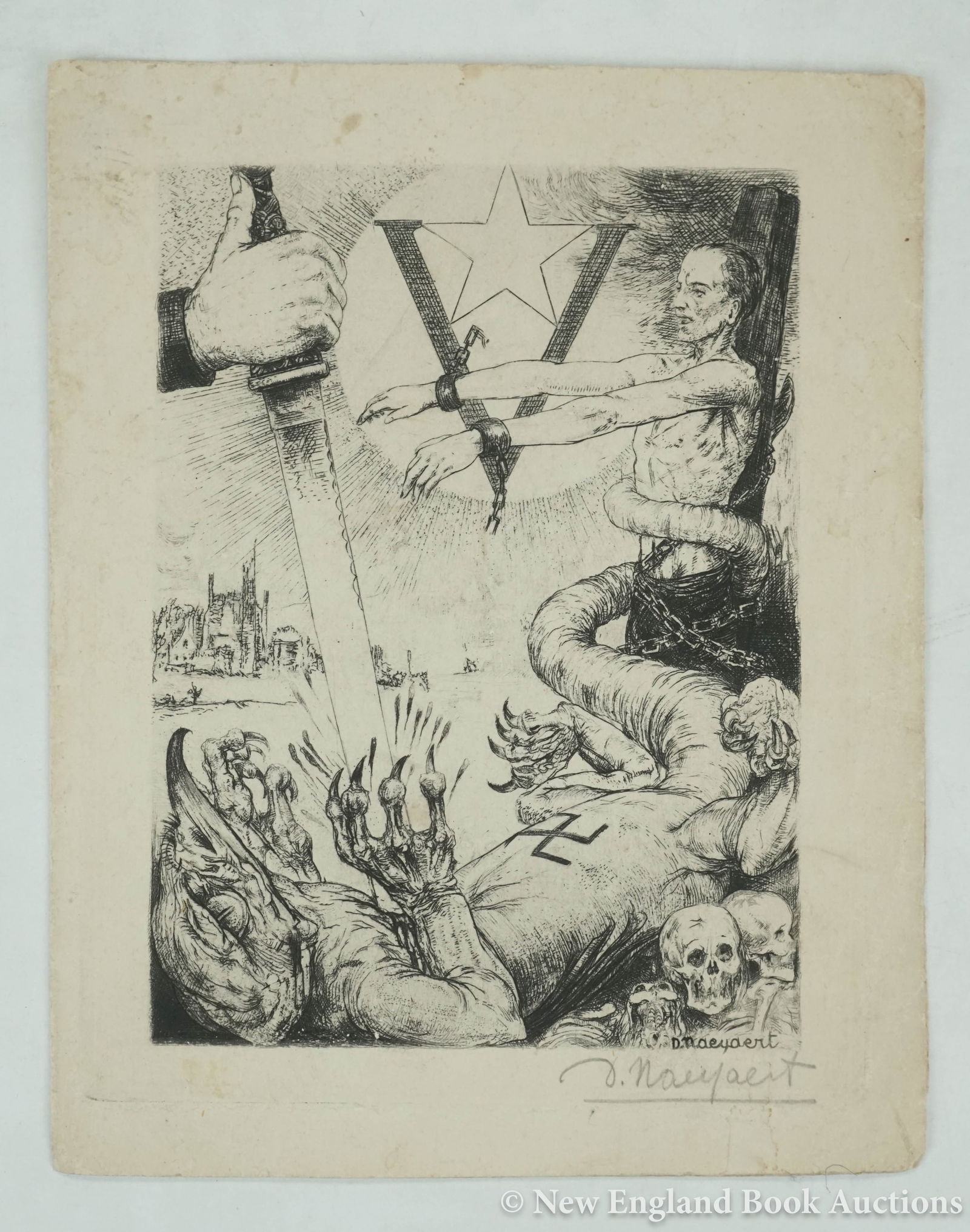 Anti-Nazi: 15. Naeyaert, Désiré. Etched Christmas card. Image 5 x 4 inches, single-sheet folded; creased and hand-soiled. Belgium, 1940s [75/100] Inscribed from Maurice Gilbert 8B A. P. O.