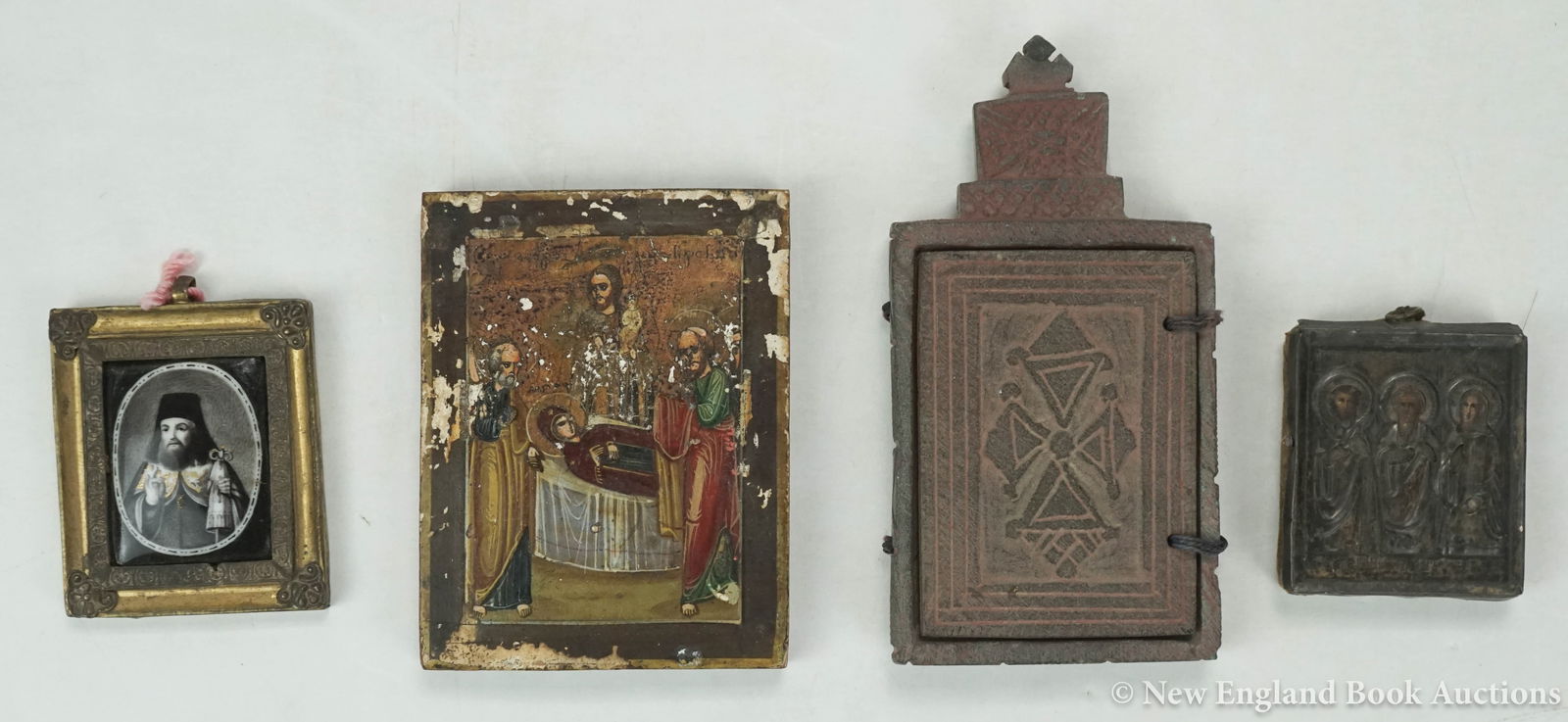 Religious Icons: 26. Religious Icons. Group of 4. Between 3-1/2 x 2-1/2 and 2 x 1-3/4 inches, various materials; varying wear. Np, nd [125/175]