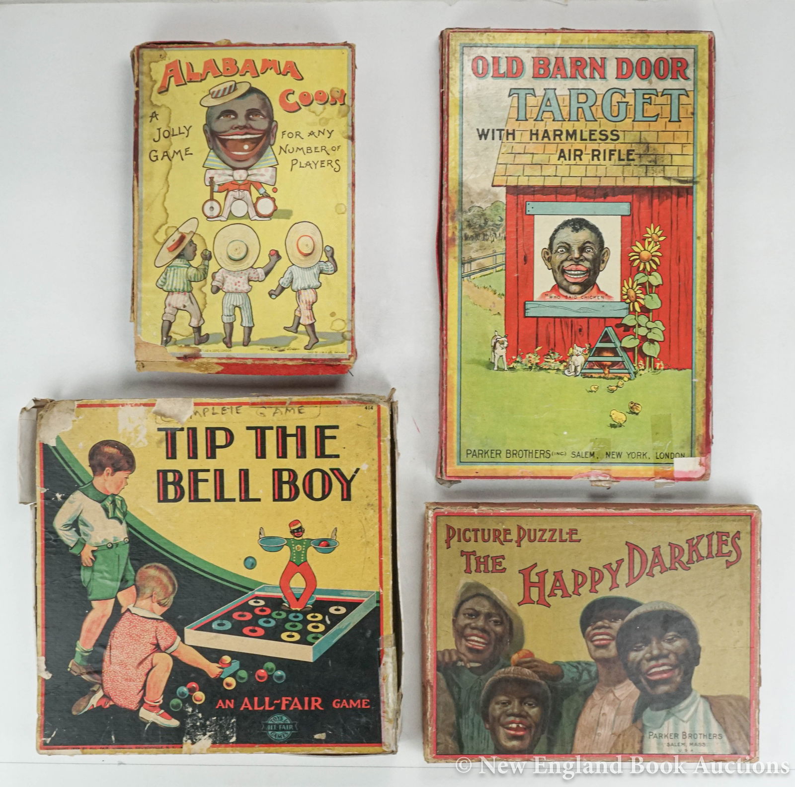 Racist Games: 27. Racist Games. Group of 3, as listed below. Various sizes and formats, original boxes (soiled, chipped or broken); varying wear. American, nd [125/175] The Happy Darkies. Picture Puzzle. Parker