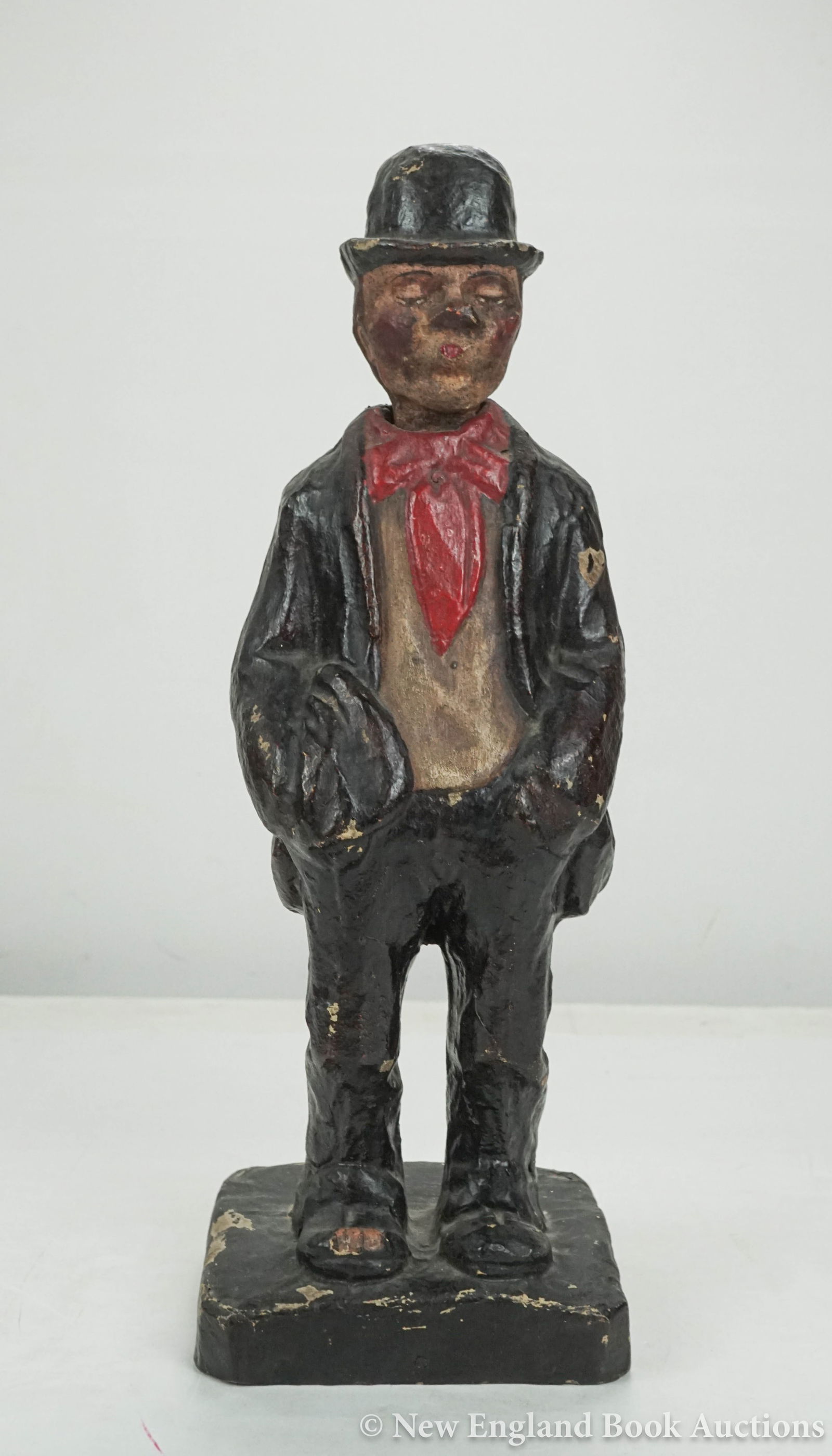 Folk Art: 30. Folk Art. Hade made papier-mache and wood sculpture of a Hobo. 13 inches in height, moveable head connected to a clock mechanism (needs repair); some chipping and wear. American, Early