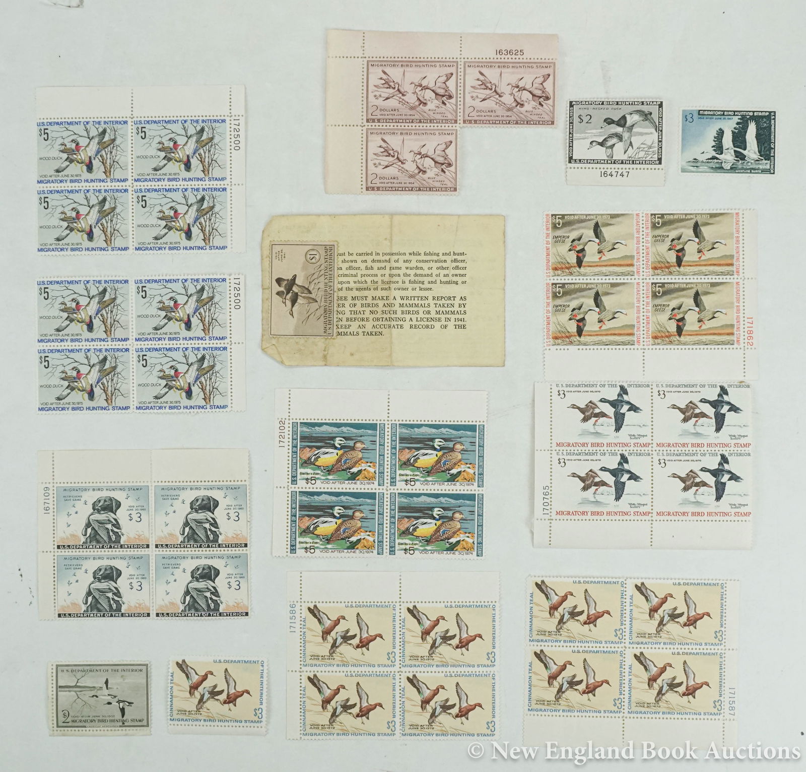 Duck Stamps: 34. Duck Stamps. Collection of over 50 unused stamps. American, vd [30/] Includes: RW22 pair * RW 21 * RW20 9 stamps * RW24 plate block * RW26 block * RW29 block * RW38 2 blocks; and others.