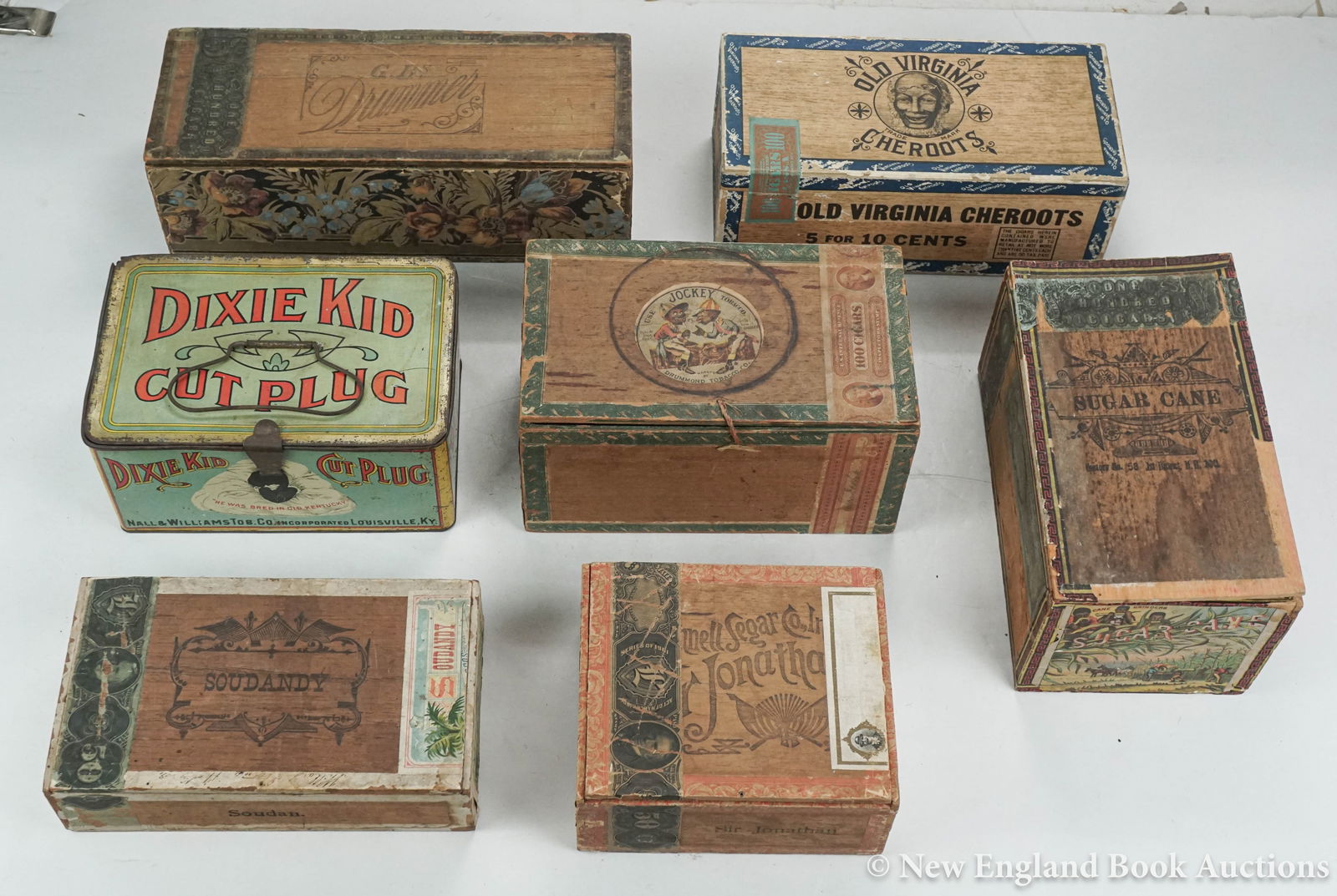 Tobacciana: 41. Tobacciana. Group of 7 wooden boxes or tin. Illustrated, including labels with racist images. Most around 4 x 8 inches; varying wear. American, Late 19th-early 20th century [200/300] Includes: