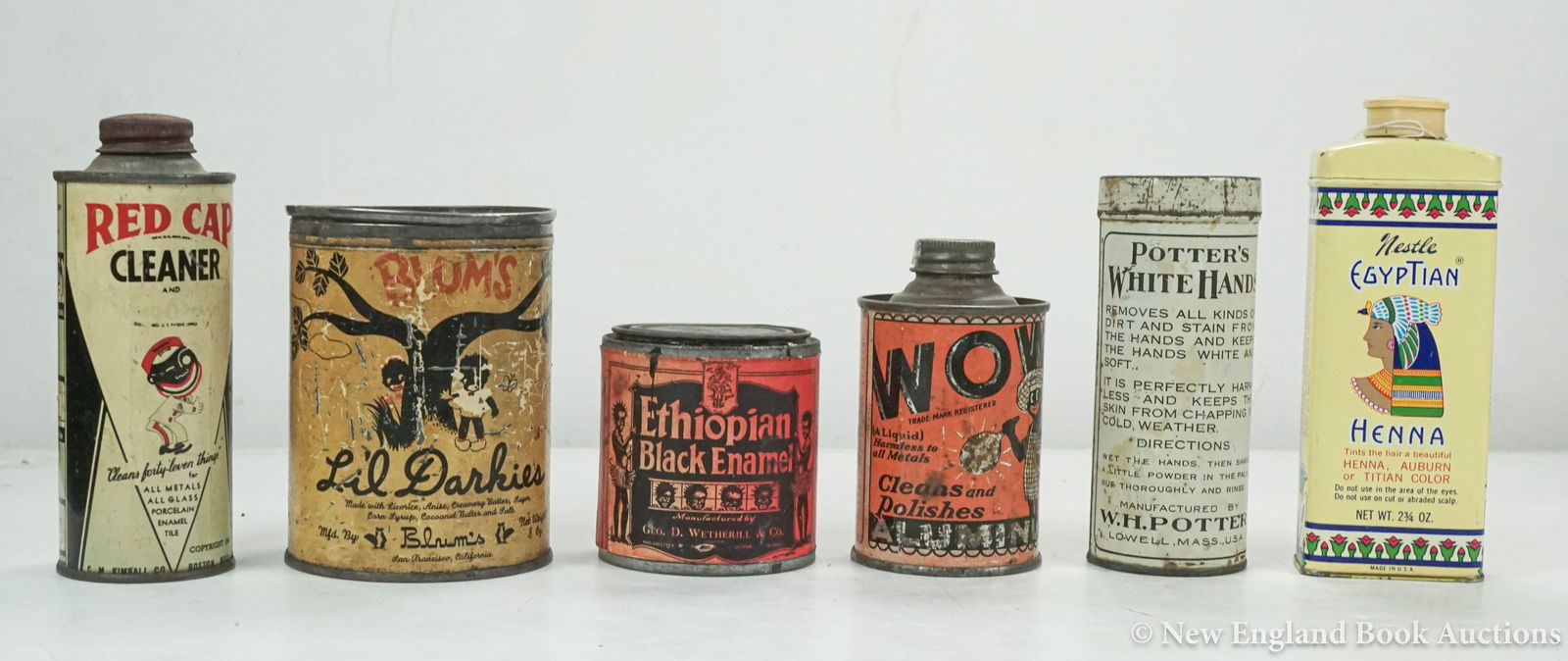 Advertising: 50. Advertising. Collection of 18 tins. Most with racist images. Various sizes and formats; varying wear. American, Late 19th-early 20th century [80/120]