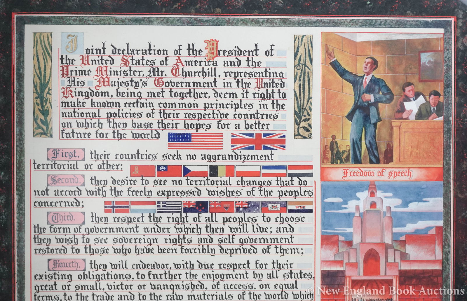 Atlantic Charter: 55. Atlantic Charter. Schoor, Jos. Fine original watercolor with calligraphic text of the basis of the Atlantic Charter agreement by Churchill and Roosevelt. 29-1/2 x 21-1/2 inches, neatly matted, in