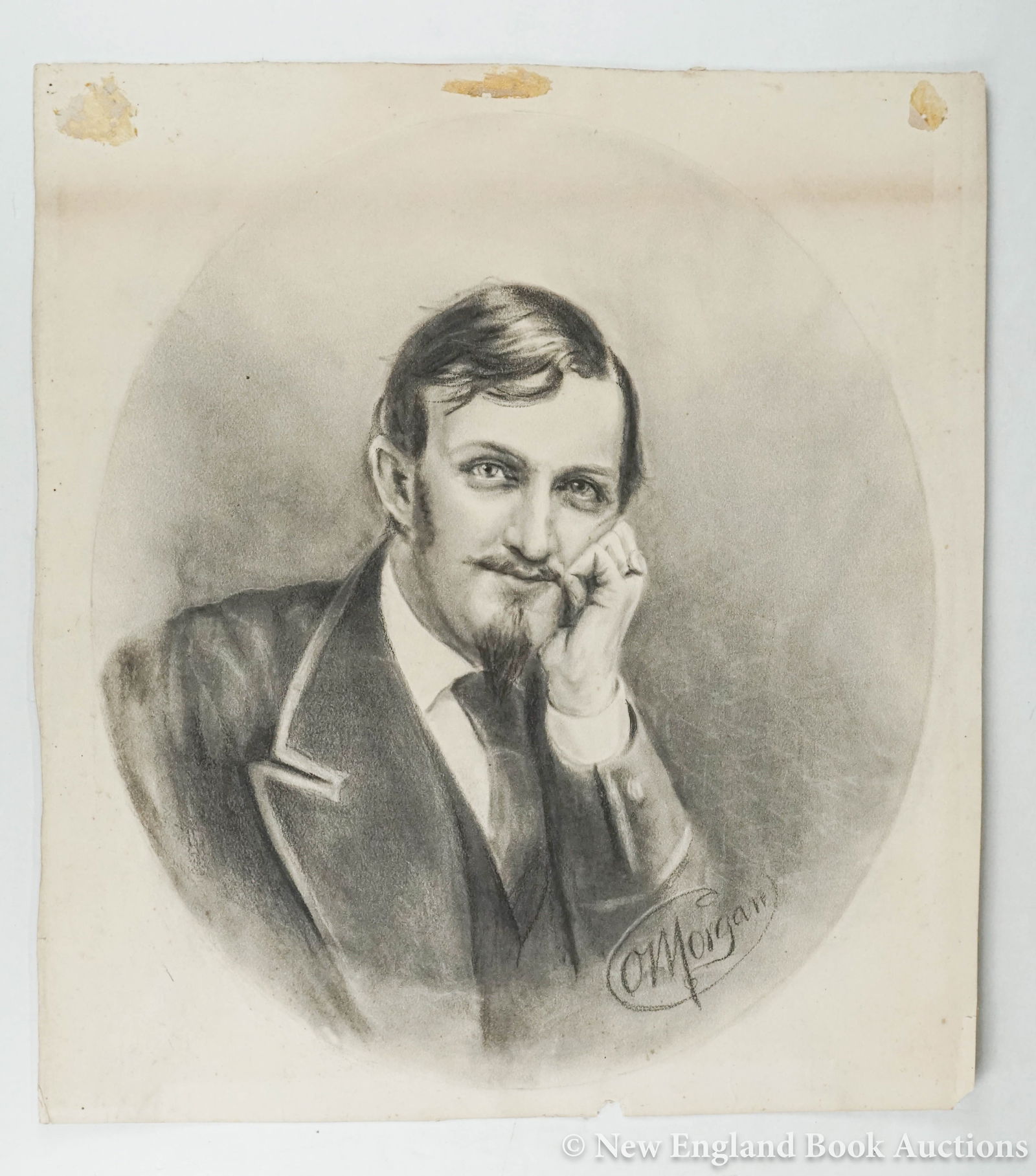 Morgan, O: 57. Morgan, O. Charcoal portrait. 20 x 16-1/2 inches plus margins; some soiling, margins chipped, etc. SIGNED. Np, 19th-century [100/150]