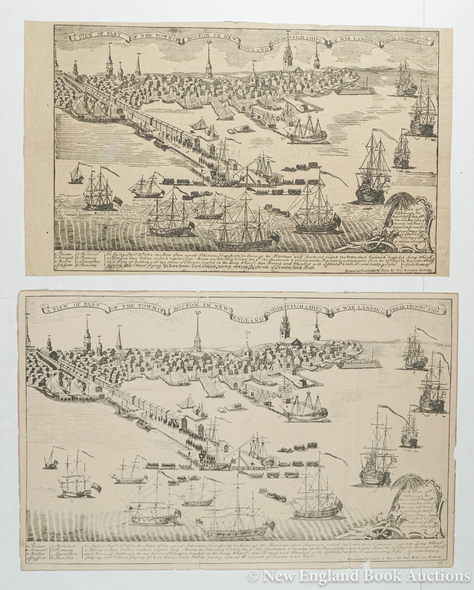 Boston: 60. Boston. Revere, Paul. A View of Part of the Town of Boston in New England and British Ships of War Landing Their Troops 1768. Two reproductions, as listed below. Various sizes; a few margin
